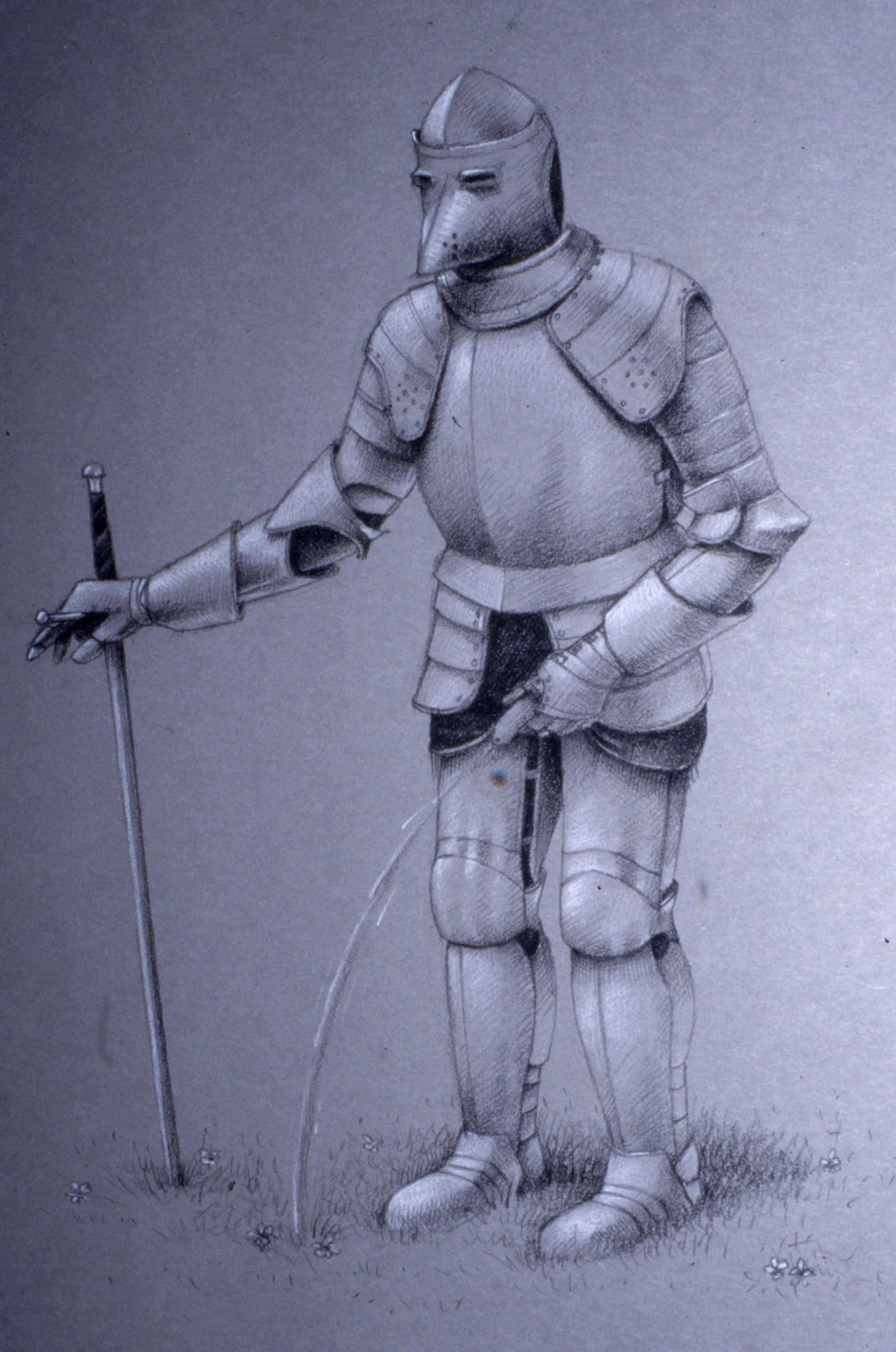 A detailed pencil sketch of a humanoid figure wearing medieval armor with a long, beak-like mask. The figure is standing outdoors on grass, holding a longsword with the tip resting on the ground.