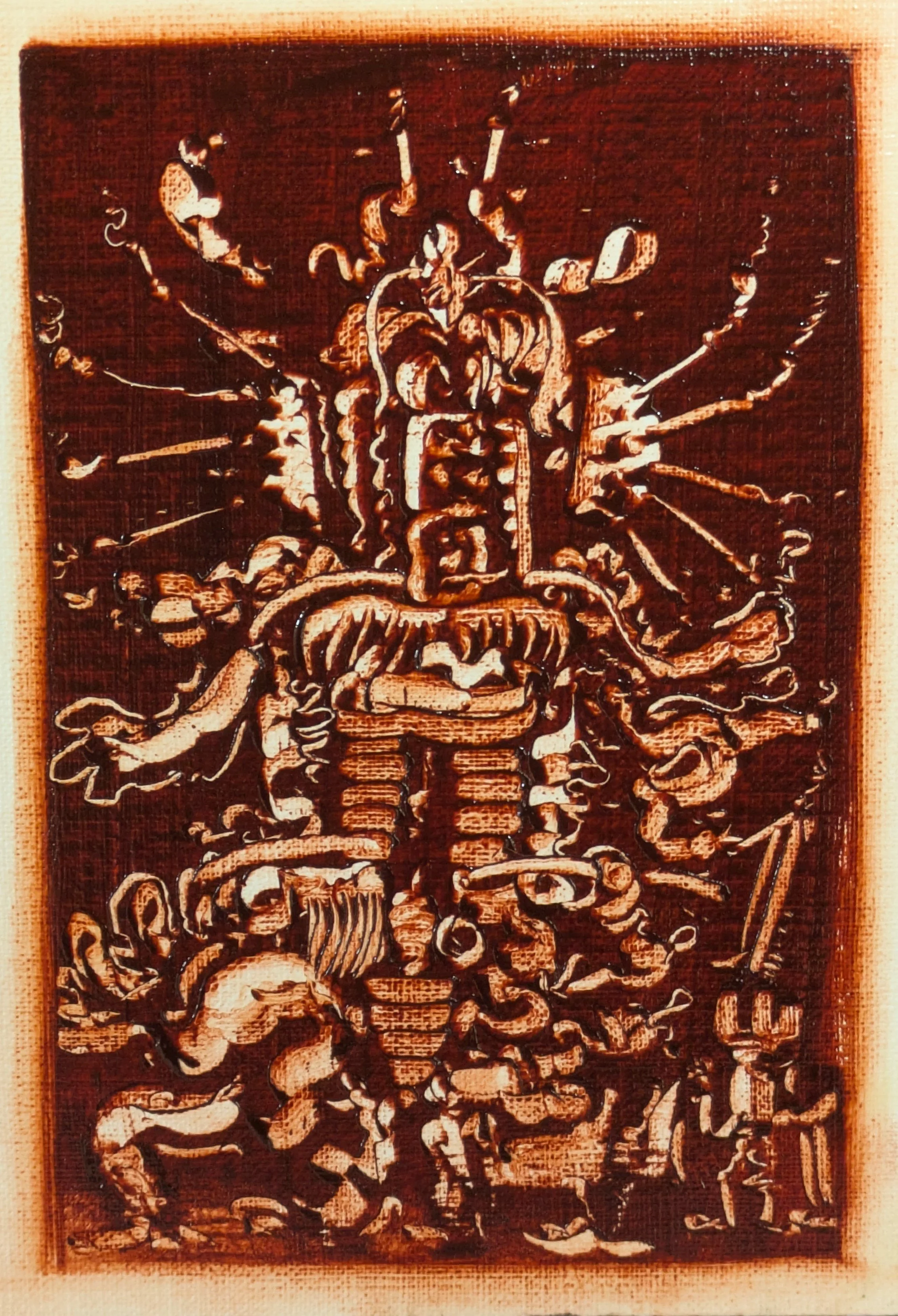 A detailed, engraved wooden artwork of a bearded man with long hair, surrounded by floral and leaf motifs.