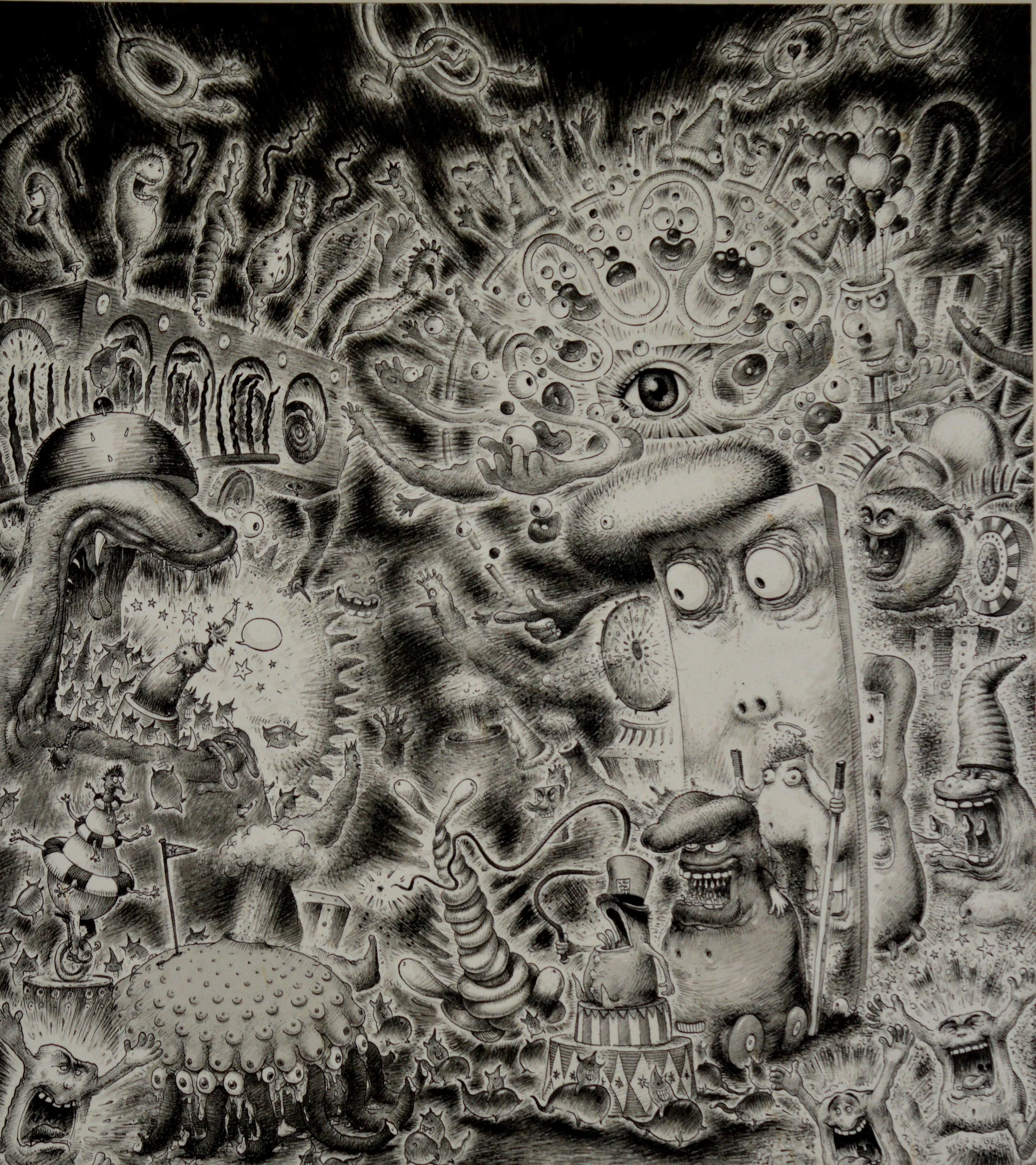 A detailed black and white illustration featuring fantastical creatures, whimsical characters, and surreal scenes, including a large eye, various monsters, animals, and imaginative elements.