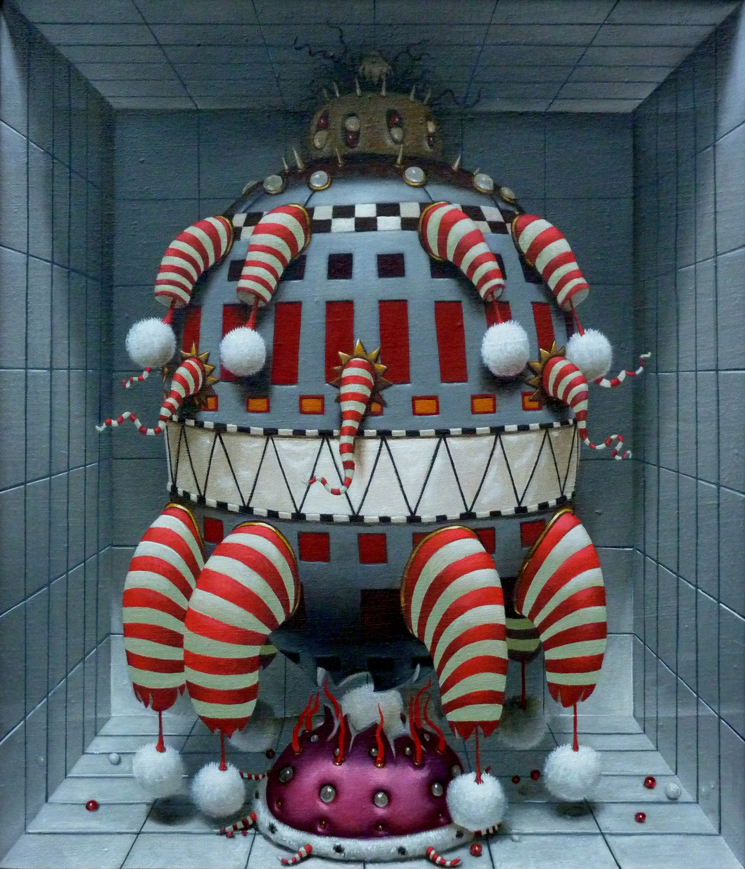 A festive Christmas display in a small enclosed space, featuring a large red and white striped candy cane decorated with small red and white ornaments, a large pink and purple decorated ornament, and several other holiday-themed decorations including stars and pom-poms.