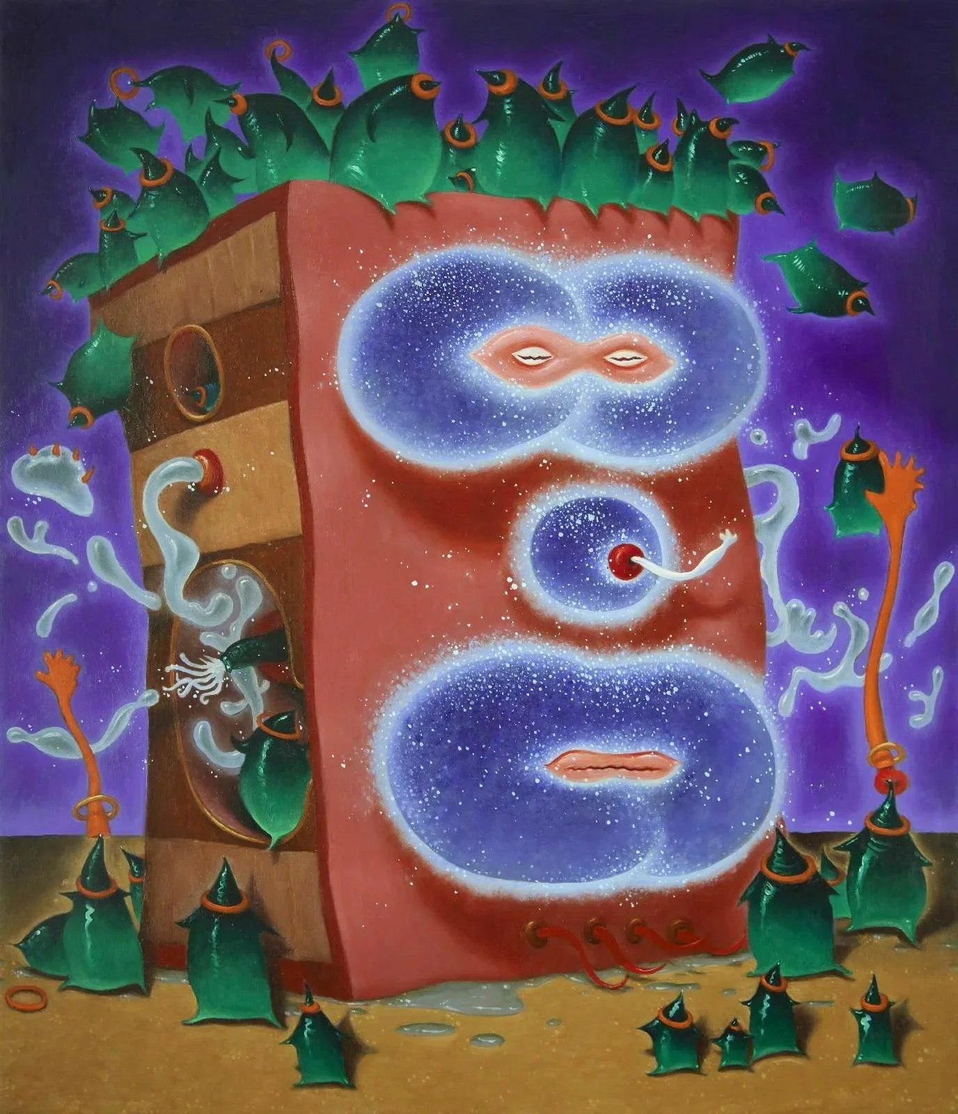 An abstract, surreal painting featuring floating interconnected circles with eyes and lips, surrounded by green, spiky, horned shapes and white swirling liquid, set against a colorful background with shades of purple, green, and brown.