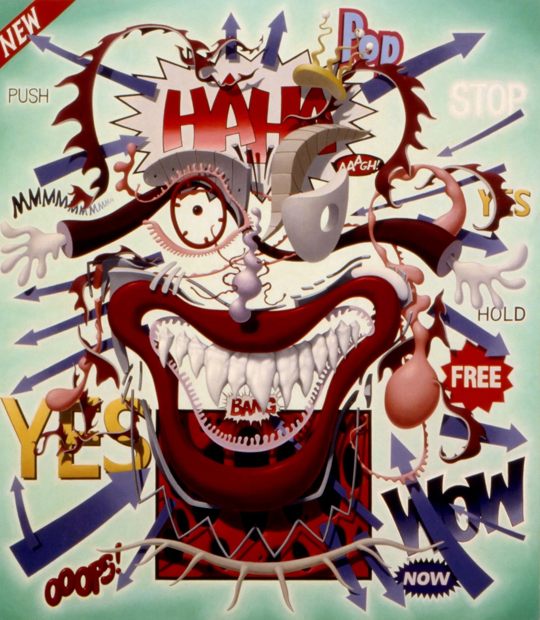 painting of a face with big teeth and graphic text around