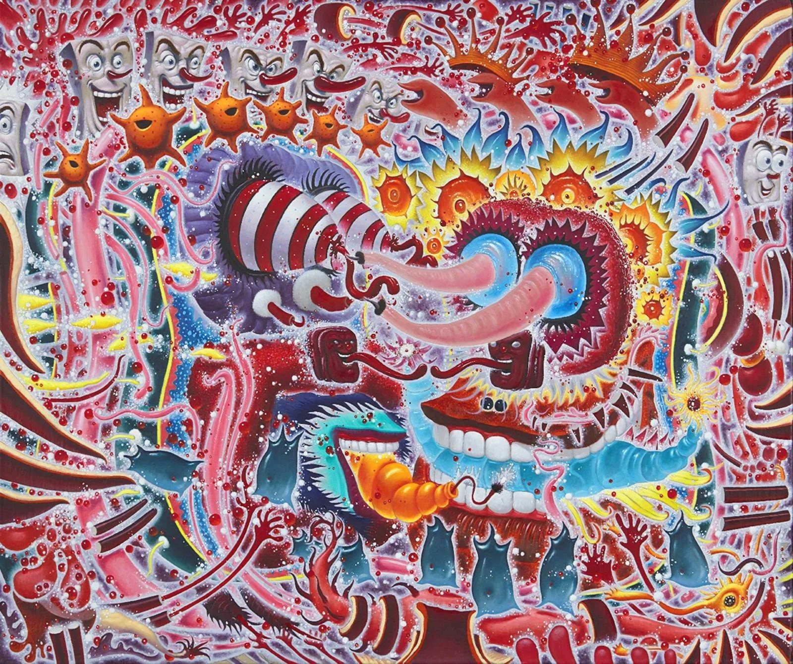 An abstract, colorful painting featuring a chaotic mix of cartoonish faces, creatures, and shapes with bright reds, blues, yellows, and blacks.