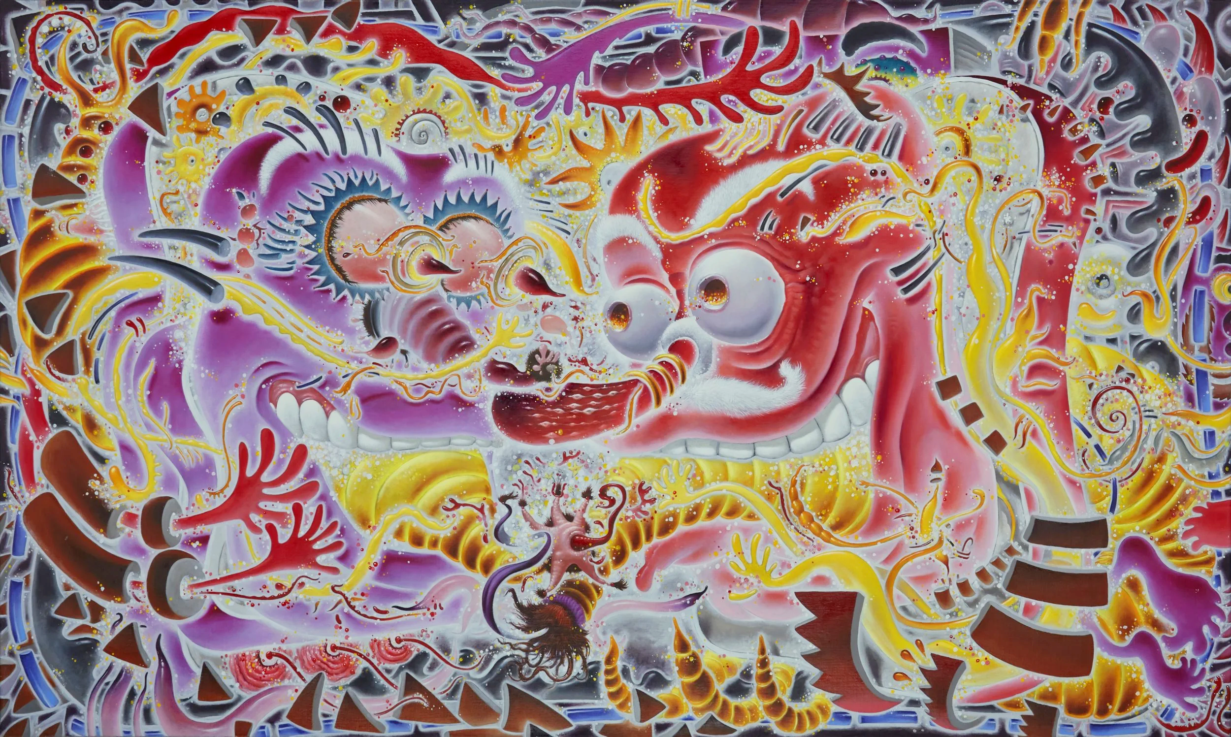 Colorful abstract painting with swirling shapes, gears, and organic forms in red, yellow, purple, black, and white.