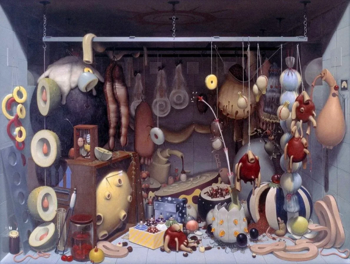 A whimsical artistic display featuring various objects resembling food items and kitchen utensils, arranged in a playful manner.