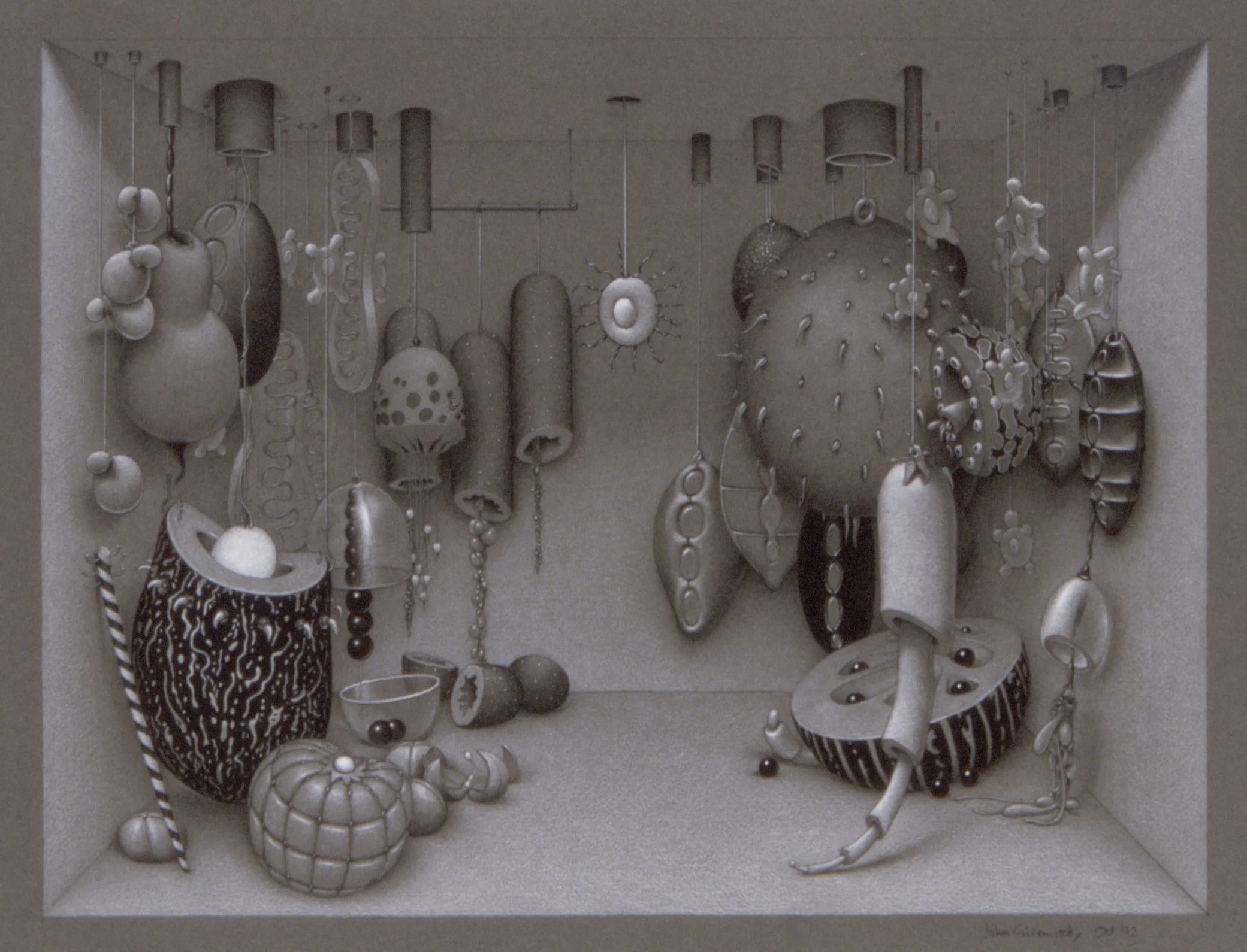 Shelf display of beige, brown, and patterned ceramic and wooden decorative objects, including vases, bowls, and sculptures, arranged in a visually appealing manner.