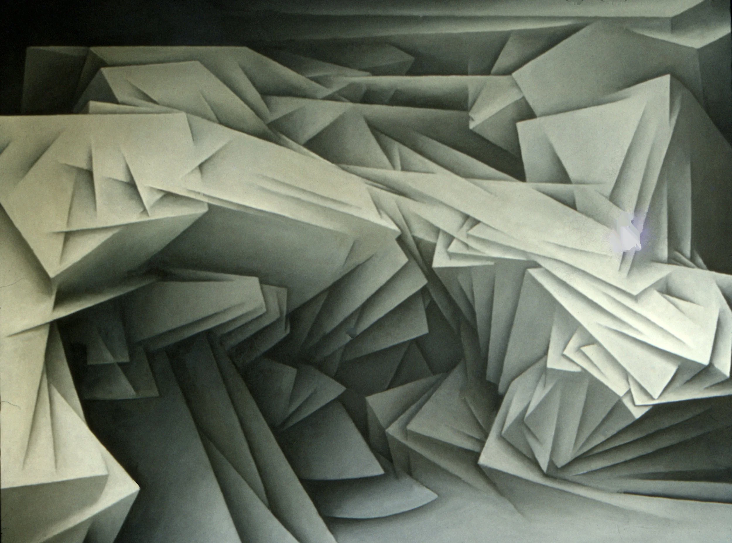 grey abstract painting in vorticist style