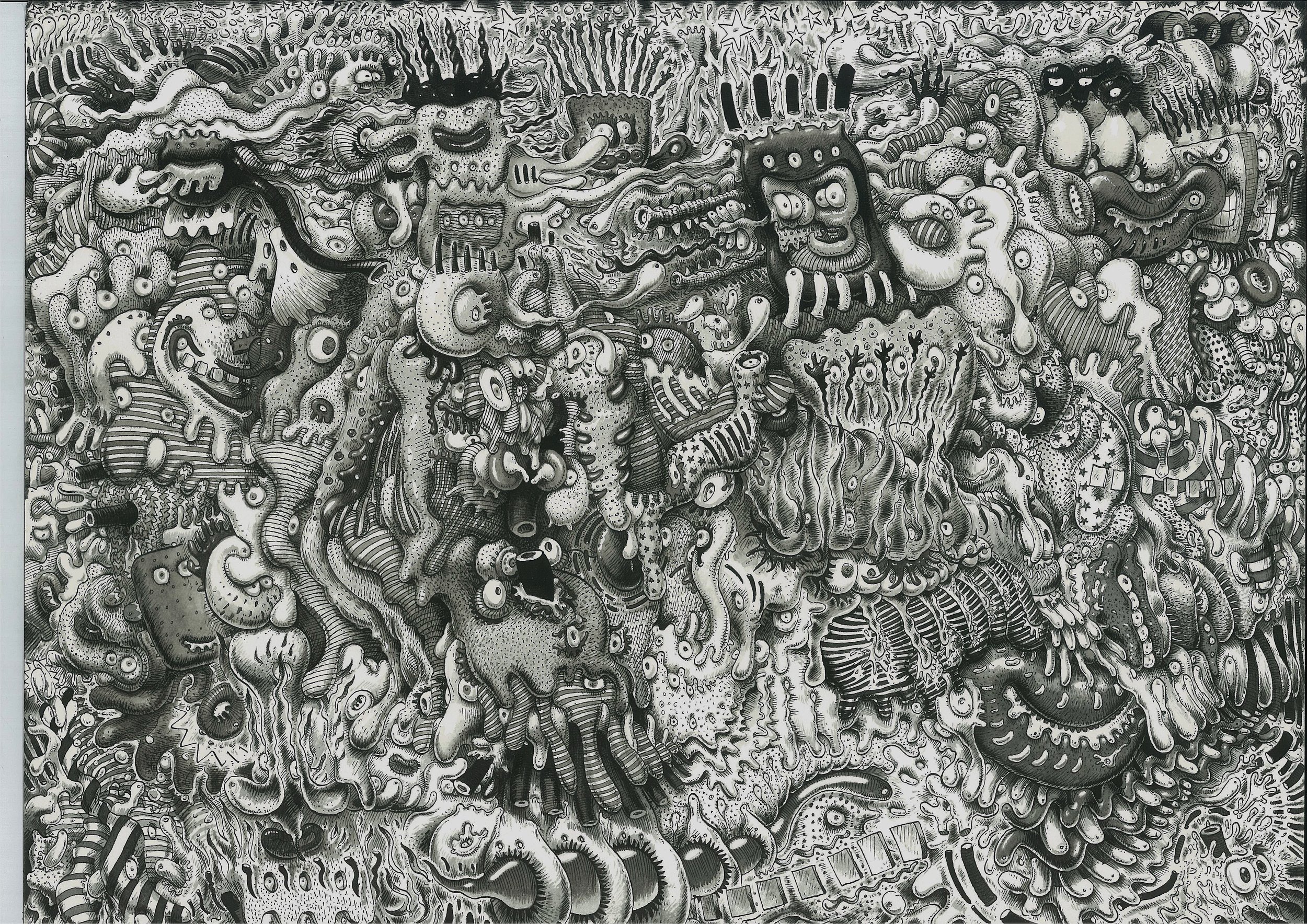 A black and white intricate and abstract drawing featuring various distorted, surreal characters and creatures with exaggerated features such as big eyes, tentacle-like appendages, and mechanical elements. The composition is dense and chaotic, with numerous overlapping figures and textures.