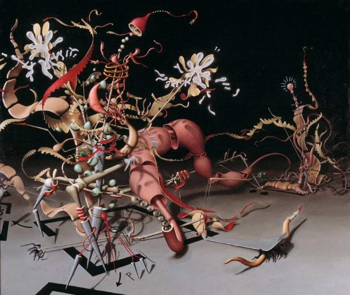 Abstract sculpture with intertwined organic and mechanical shapes in shades of beige, red, and black against a black background.