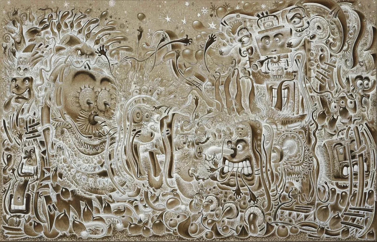 A highly detailed, abstract mural painting in shades of brown and beige featuring surreal, cartoon-like faces, creatures, and organic shapes intertwined in a chaotic composition.
