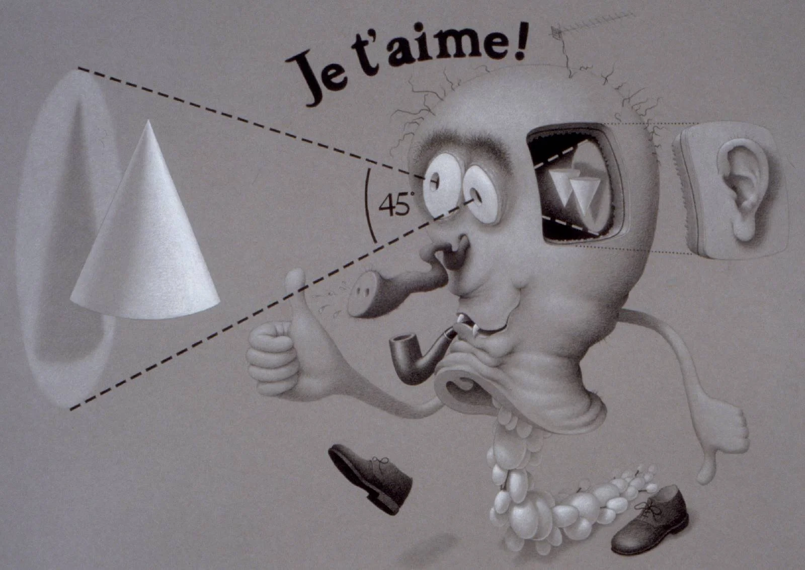 A surreal illustration of a character with a human face and a head made of various objects, including a YouTube play button and an ear. The character is smoking a pipe and has a cone-shaped object and a face with glasses. The words 'Je t'aime!' are written above.