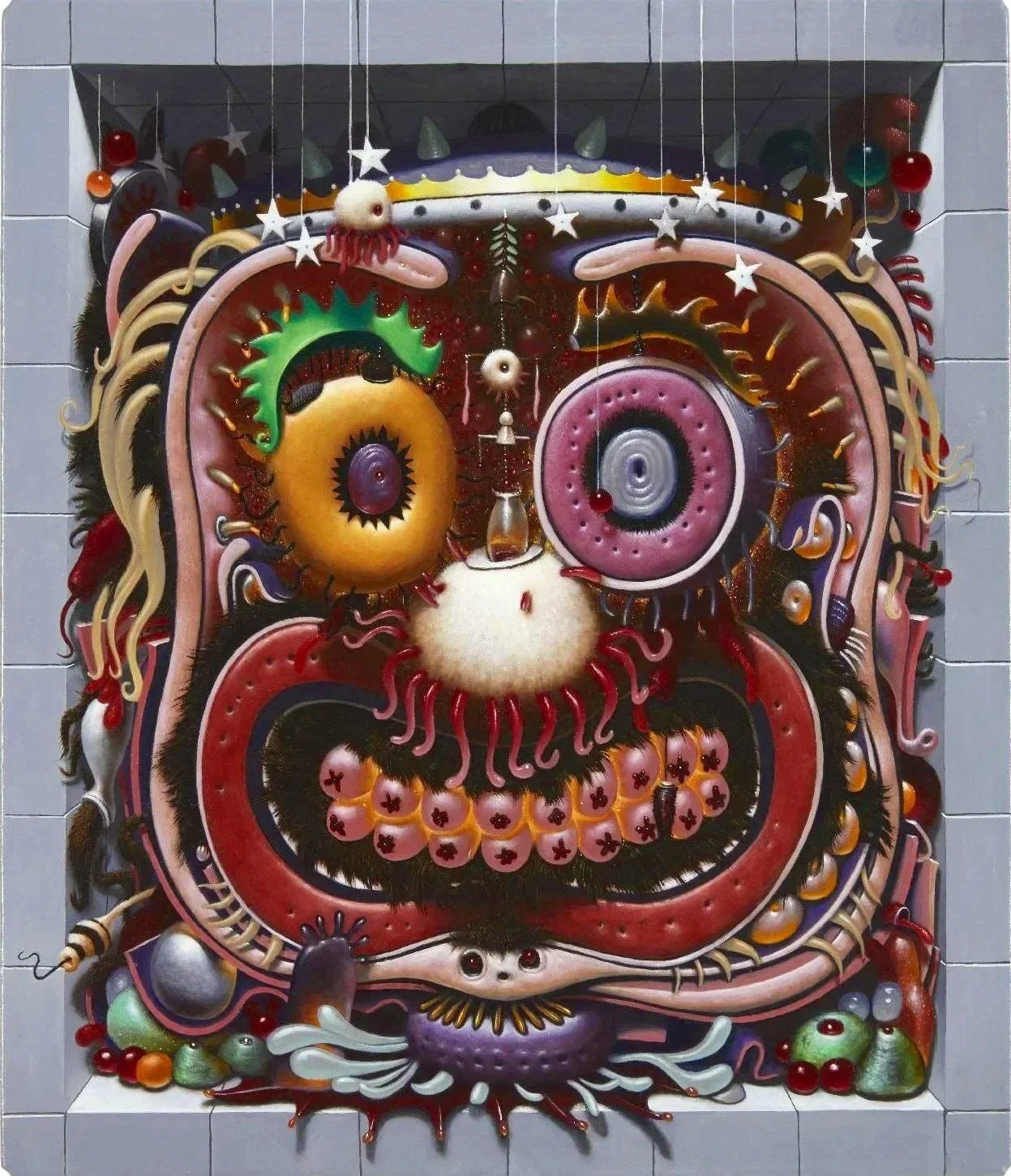 Colorful abstract artwork with swirling patterns, eyes, and alien-like features on a tiled wall.
