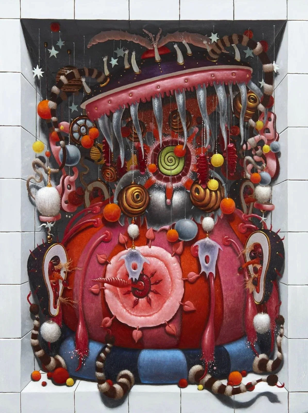 Colorful abstract art piece featuring swirling shapes, organic forms, and hanging decorative elements like pom-poms, balls, and spirals.
