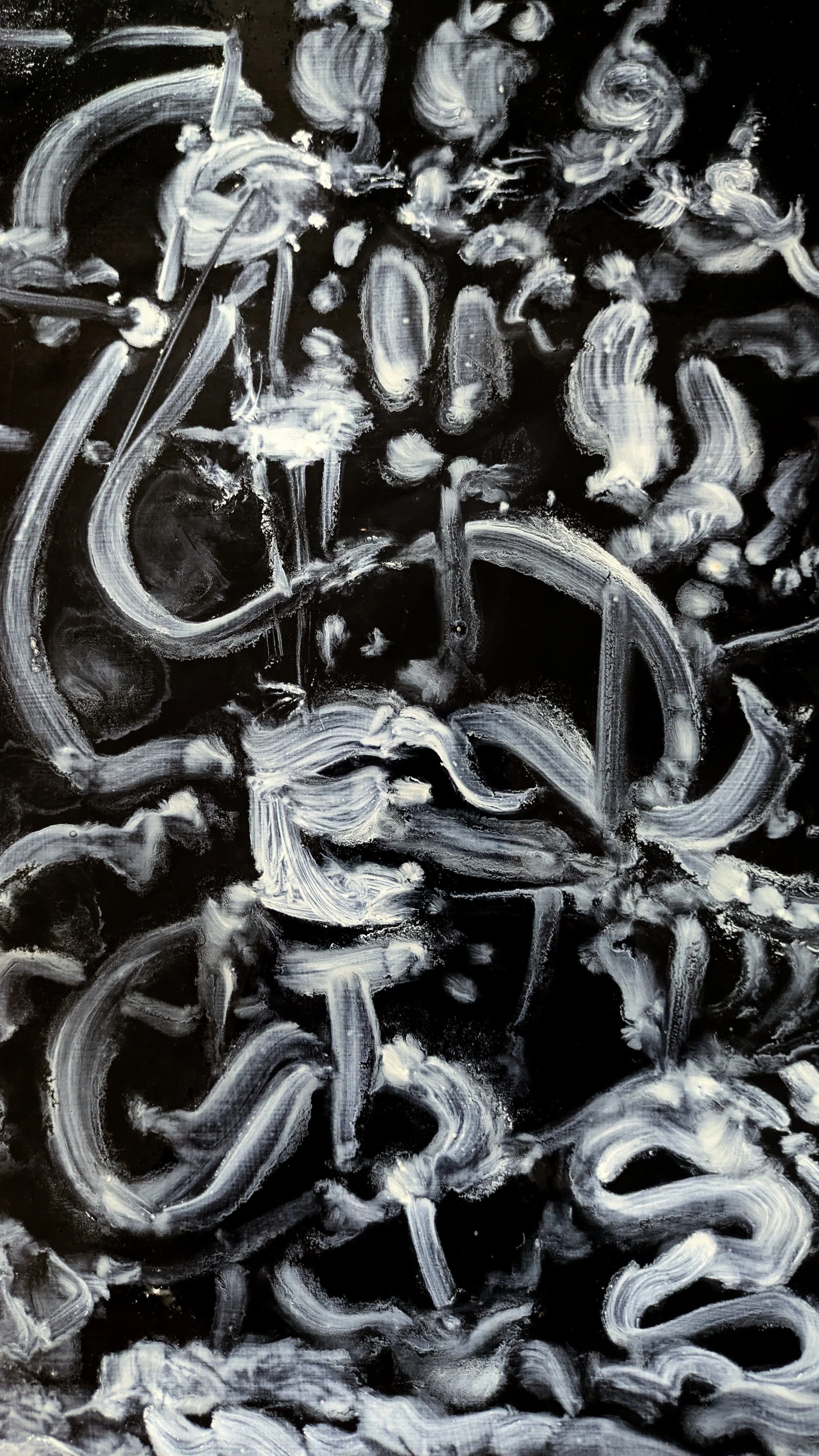 Abstract black and white painting with swirling brush strokes and textured patterns.