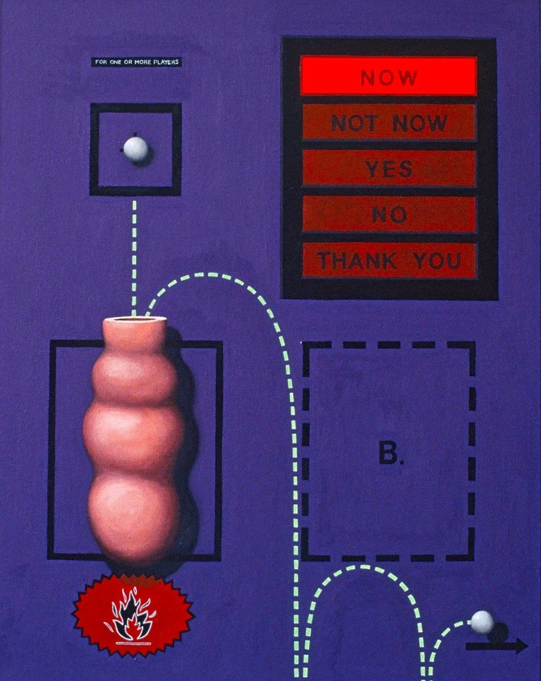 An emergency response simulation with a dummy, a control knob, and a choice panel. The panel offers options: 'Now,' 'Not Now,' 'Yes,' 'No,' and 'Thank You.' The dummy is connected to a fire hazard icon, symbolizing a fire safety demonstration.