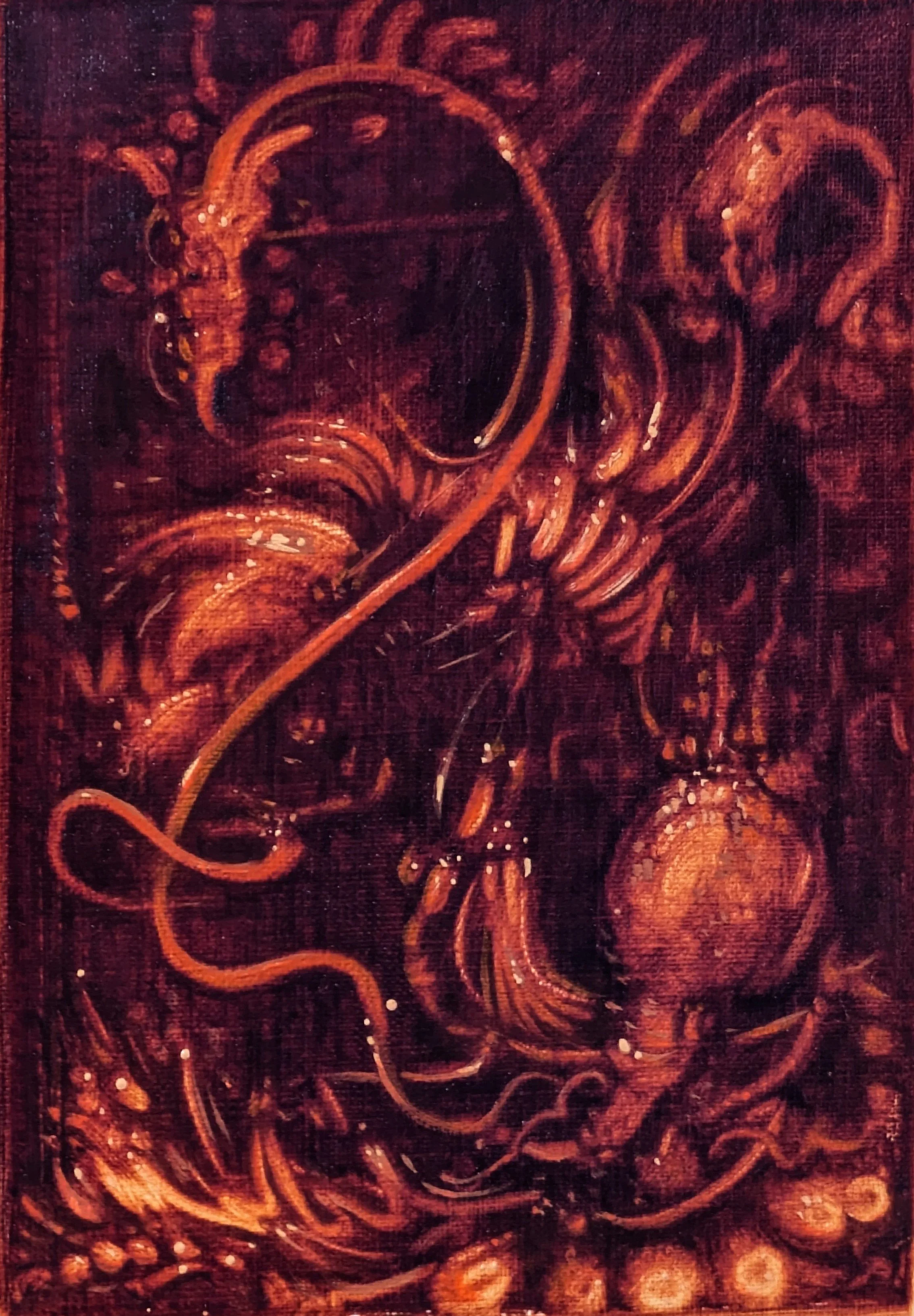 Close-up of a dark, ornate painting with swirling, glowing orange-red lines and patterns, resembling abstract or decorative art.