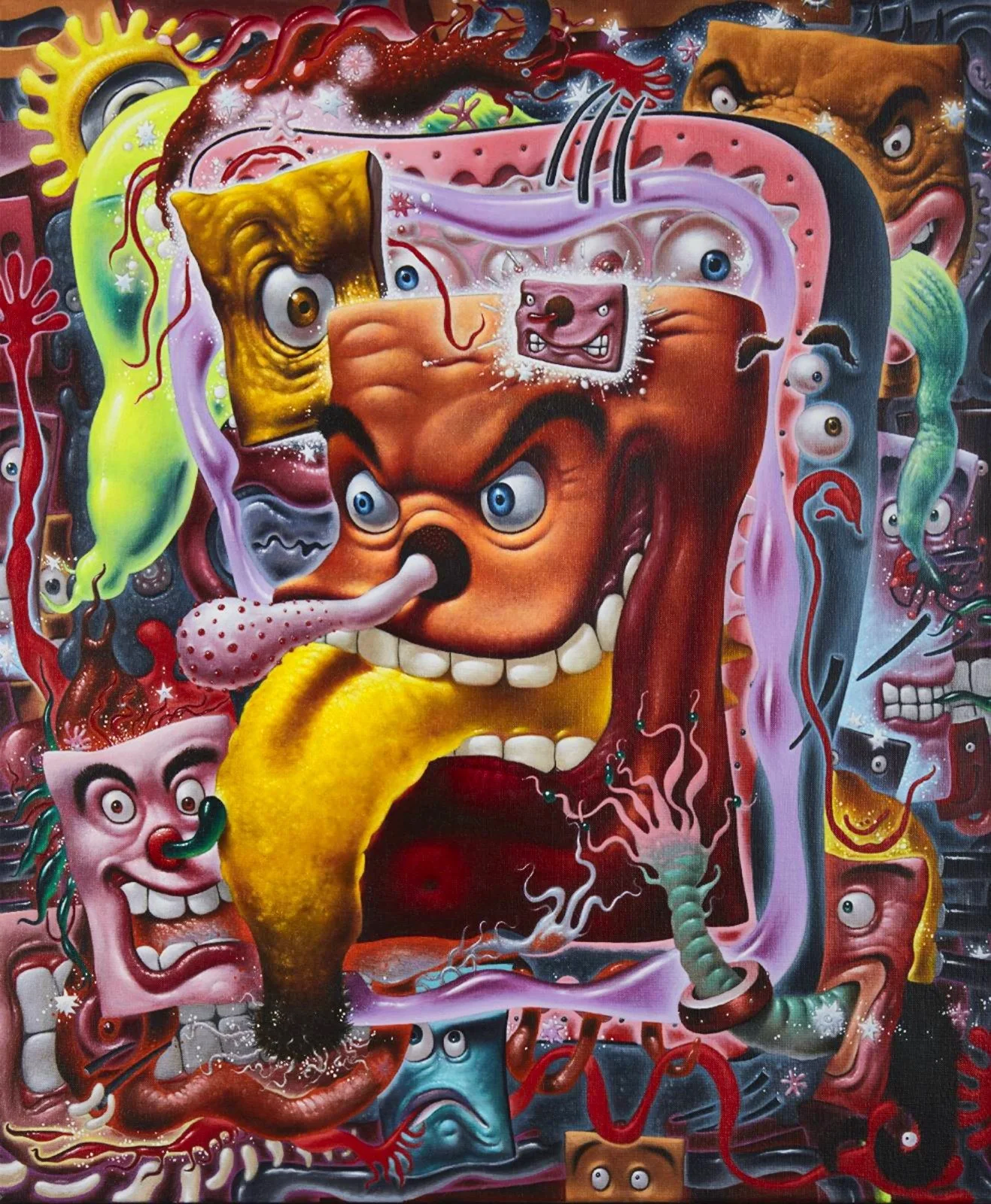 A surreal, colorful painting featuring a chaotic composition of distorted faces, animals, and abstract shapes with vivid colors, exaggerated facial expressions, and a mixture of organic and mechanical elements.