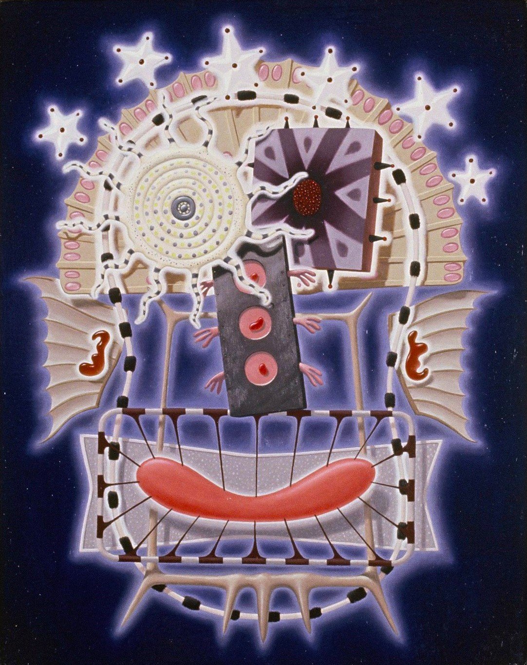 Abstract surreal artwork featuring various geometric shapes, organic elements, and a dark space-like background.