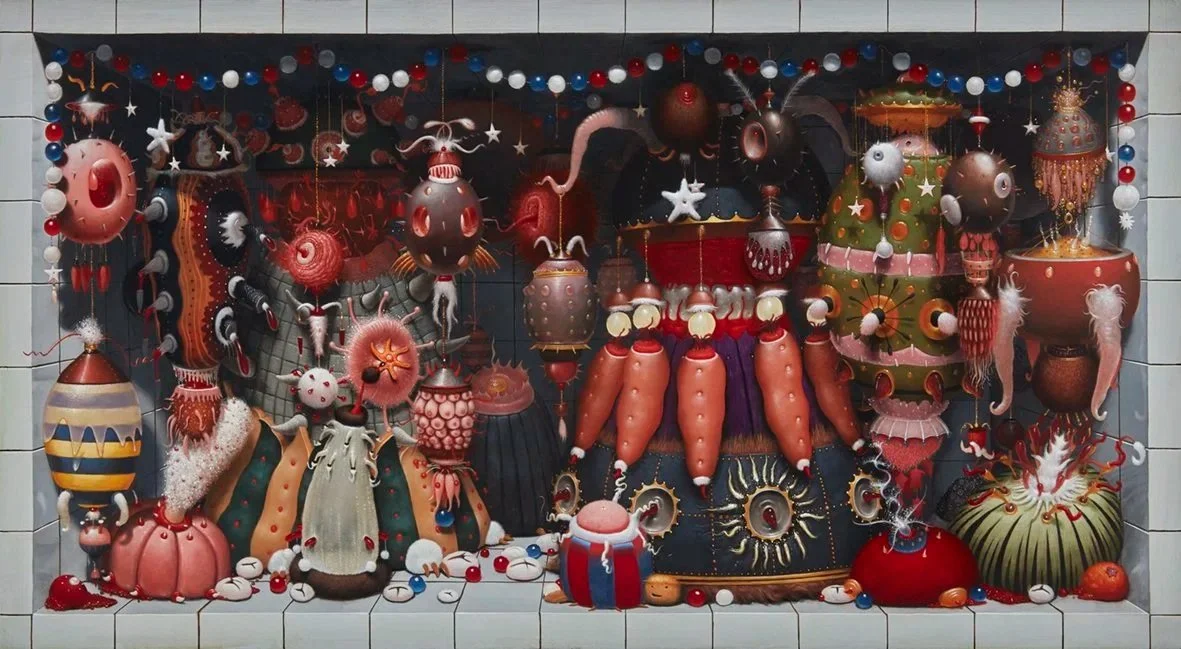 Colorful holiday display with various ornaments and decorations, resembling a whimsical Christmas scene.