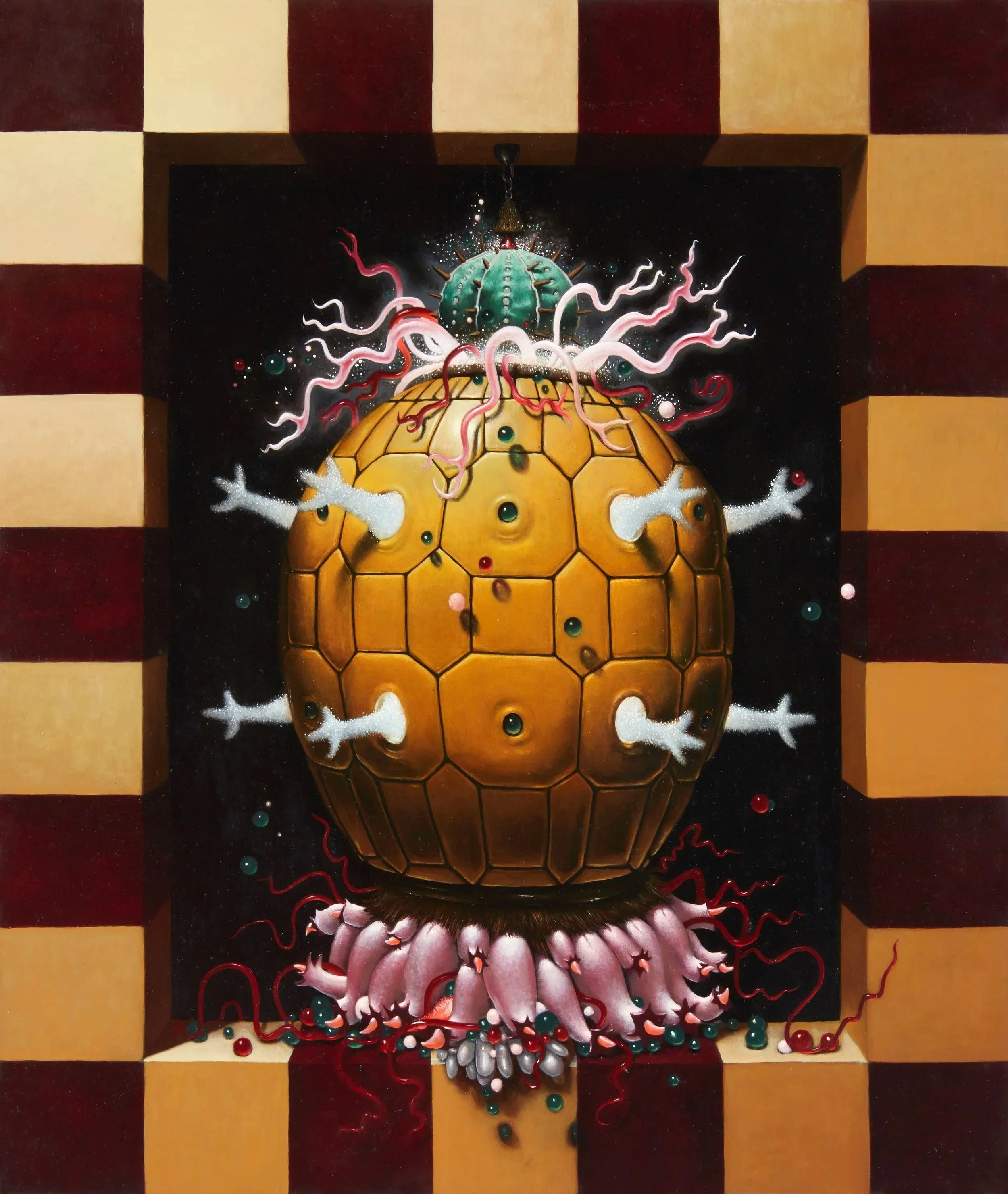 An abstract artwork featuring a large, round, yellow object with black outlines resembling a turtle shell, topped with a green cactus shape and surrounded by pink, white, and red tentacle-like structures, set against a black background with scattered colorful dots and curly lines bordered by a checkered pattern of red and beige squares.