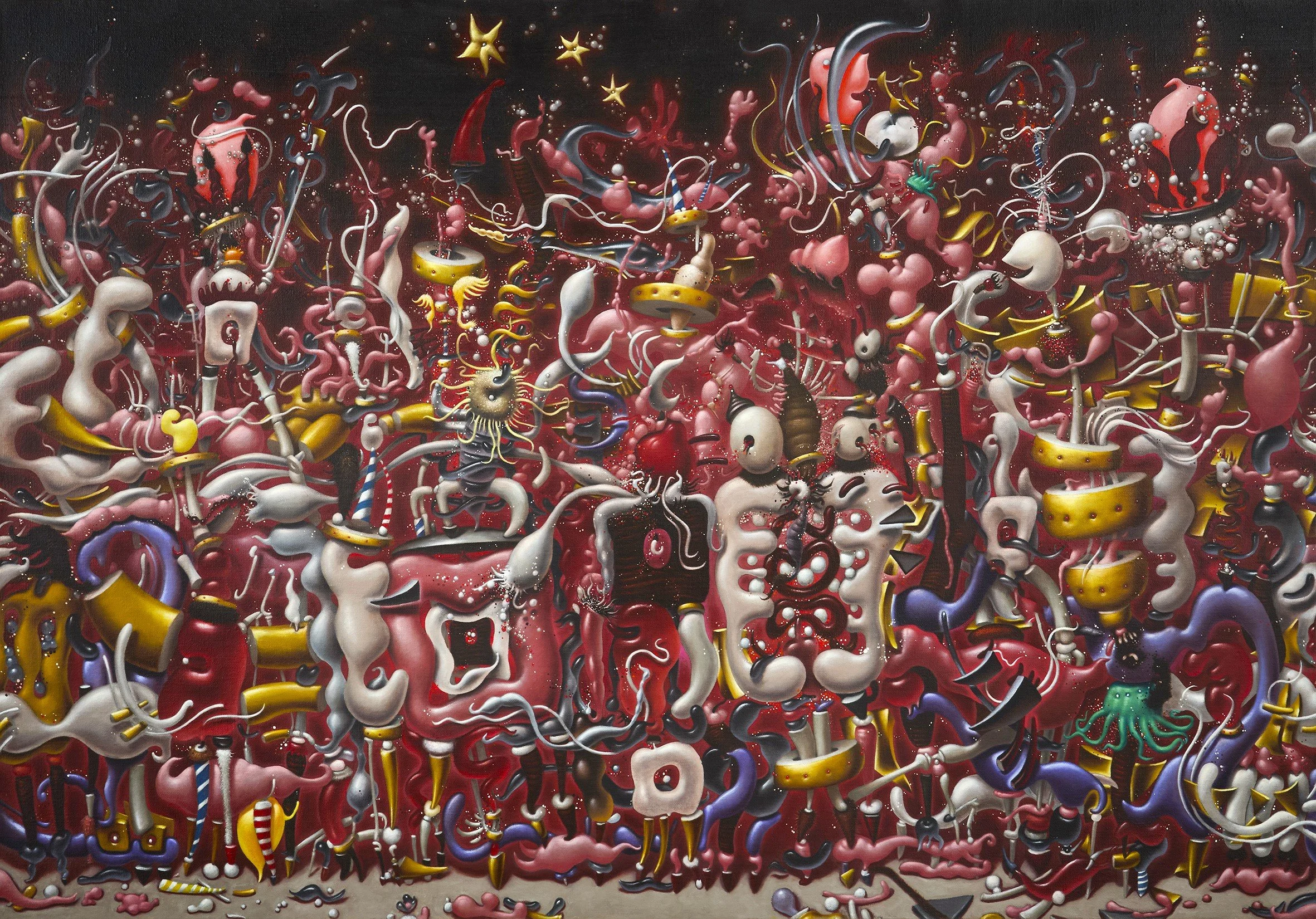 Abstract painting with swirling and twisting shapes in red, pink, white, yellow, black, and purple, creating a lively chaotic scene