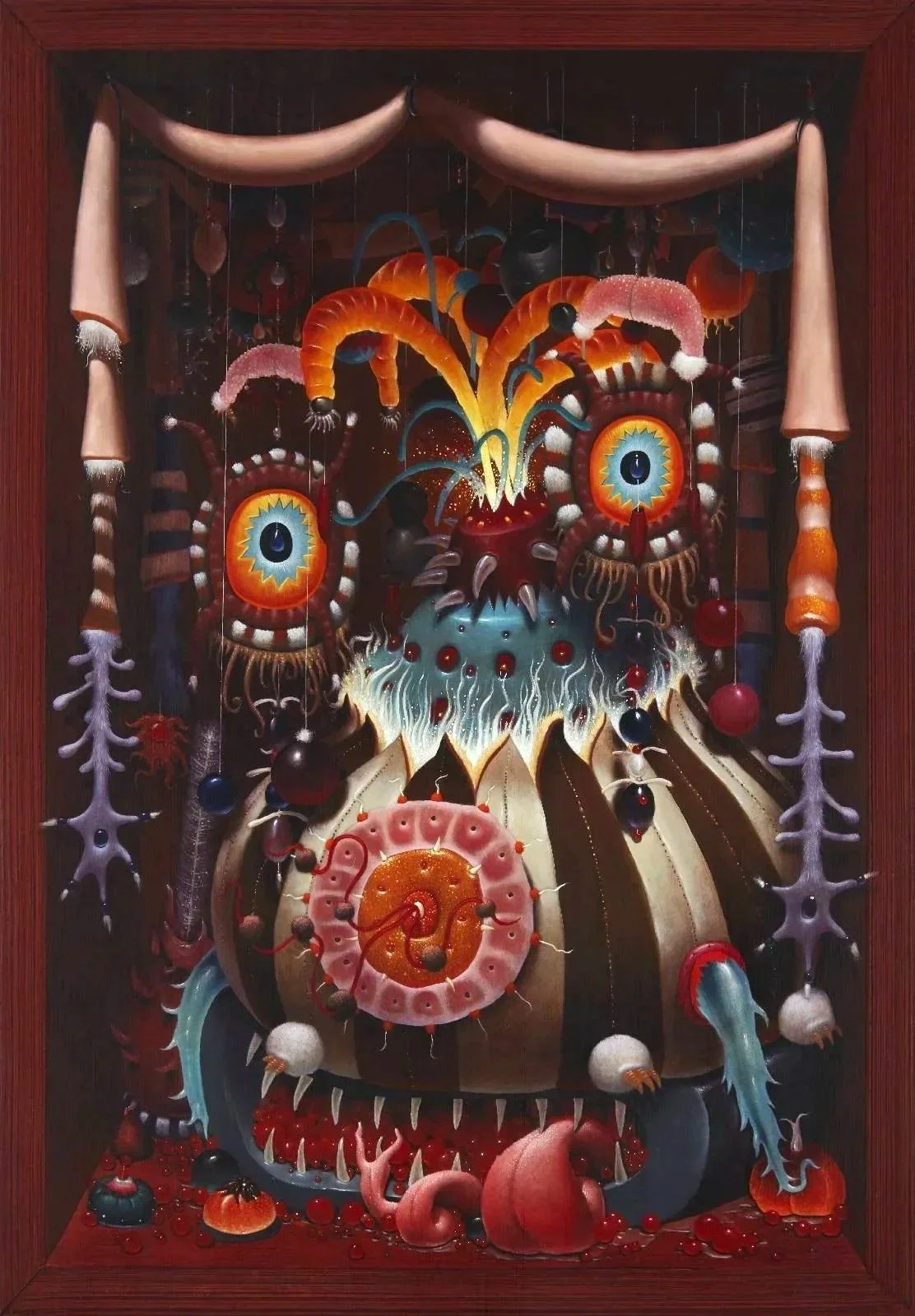 Colorful fantasy monster with large eyes, sharp teeth, and multiple tentacle-like appendages, decorated with various abstract shapes and elements, in a dark frame.