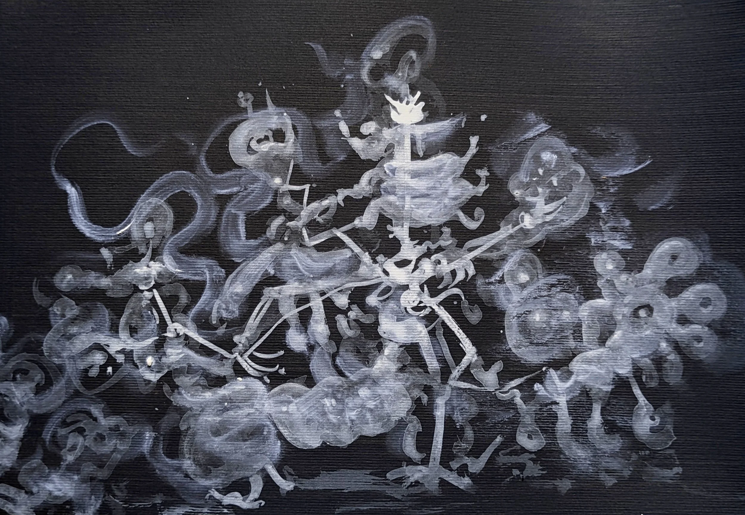 A detailed black and white painting of a dragon, with intricate scales, wings, and other mythical features, set against a dark background.