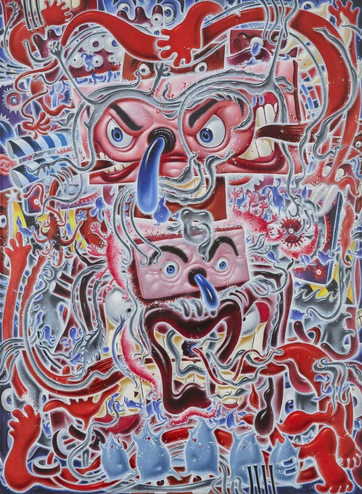 A colorful abstract painting featuring cartoonish faces with exaggerated expressions, prominent eyebrows, and blue noses, surrounded by swirling lines and various small figures and shapes in red, blue, gray, and white.
