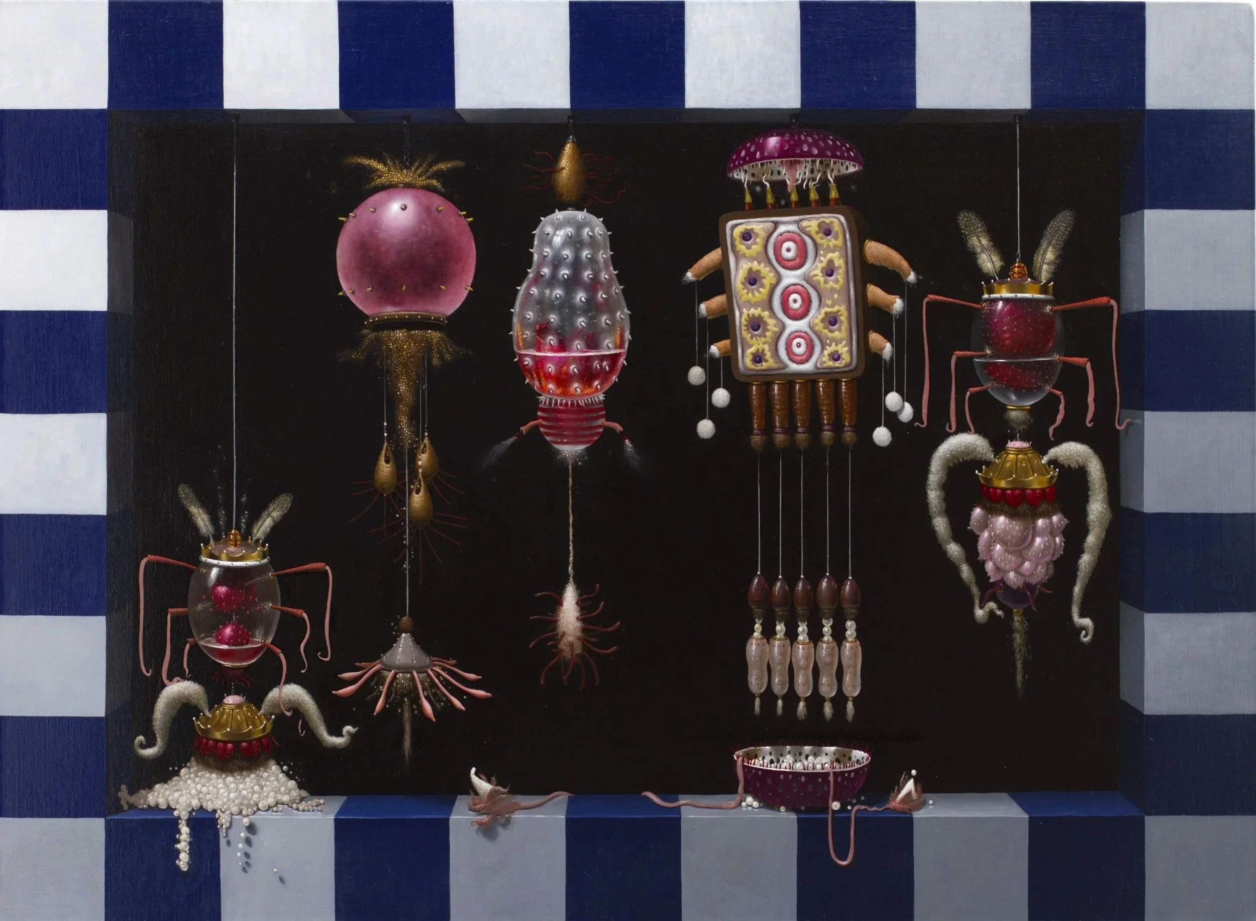 Colorful abstract sculptures resembling insects and fungi against a black background, framed by blue and white checkered border.