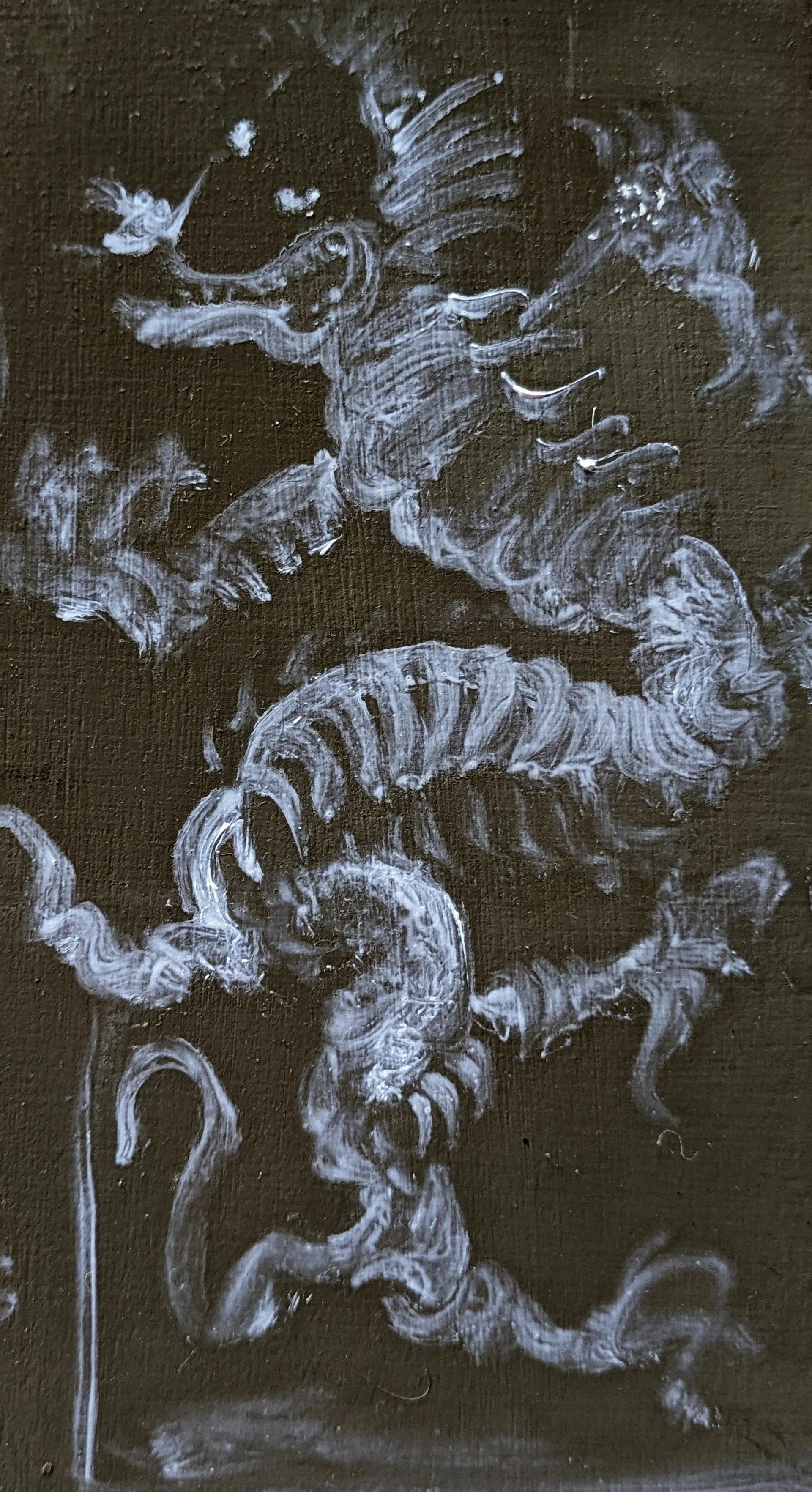 White chalk drawings of a dragon on a blackboard.