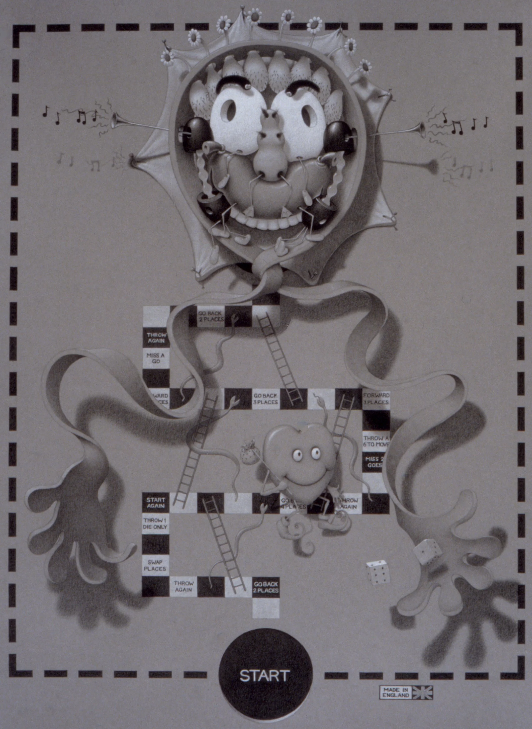 black and white drawing of a figure with ribbon arms and goofy hands