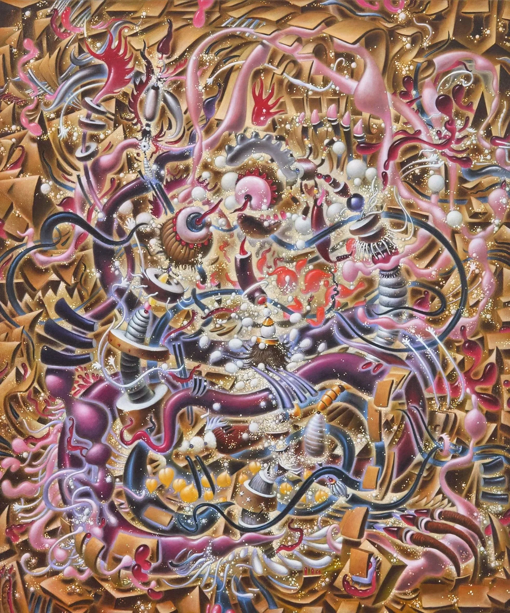 Abstract painting featuring swirling shapes, vibrant pink, purple, white, black, and gold splatters, with layered geometric and organic patterns creating an energetic, chaotic composition.
