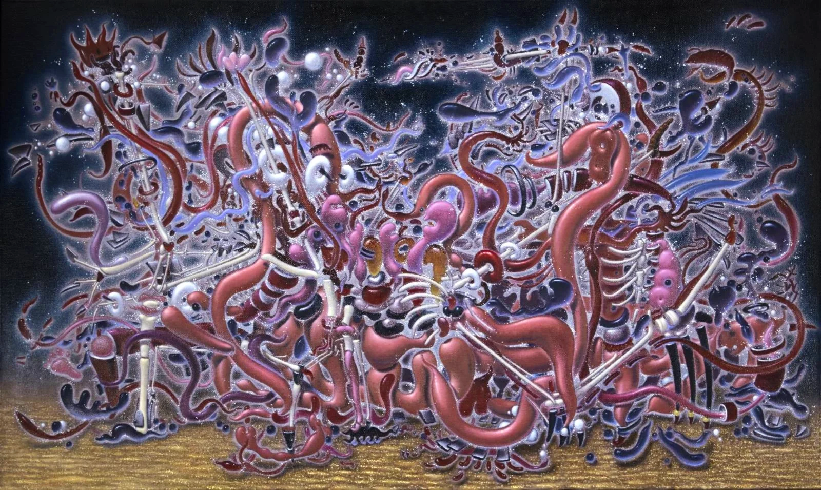 Abstract painting filled with intertwined tentacle-like shapes in pink, purple, white, and red colors on a dark background, with a textured gold-colored ground.