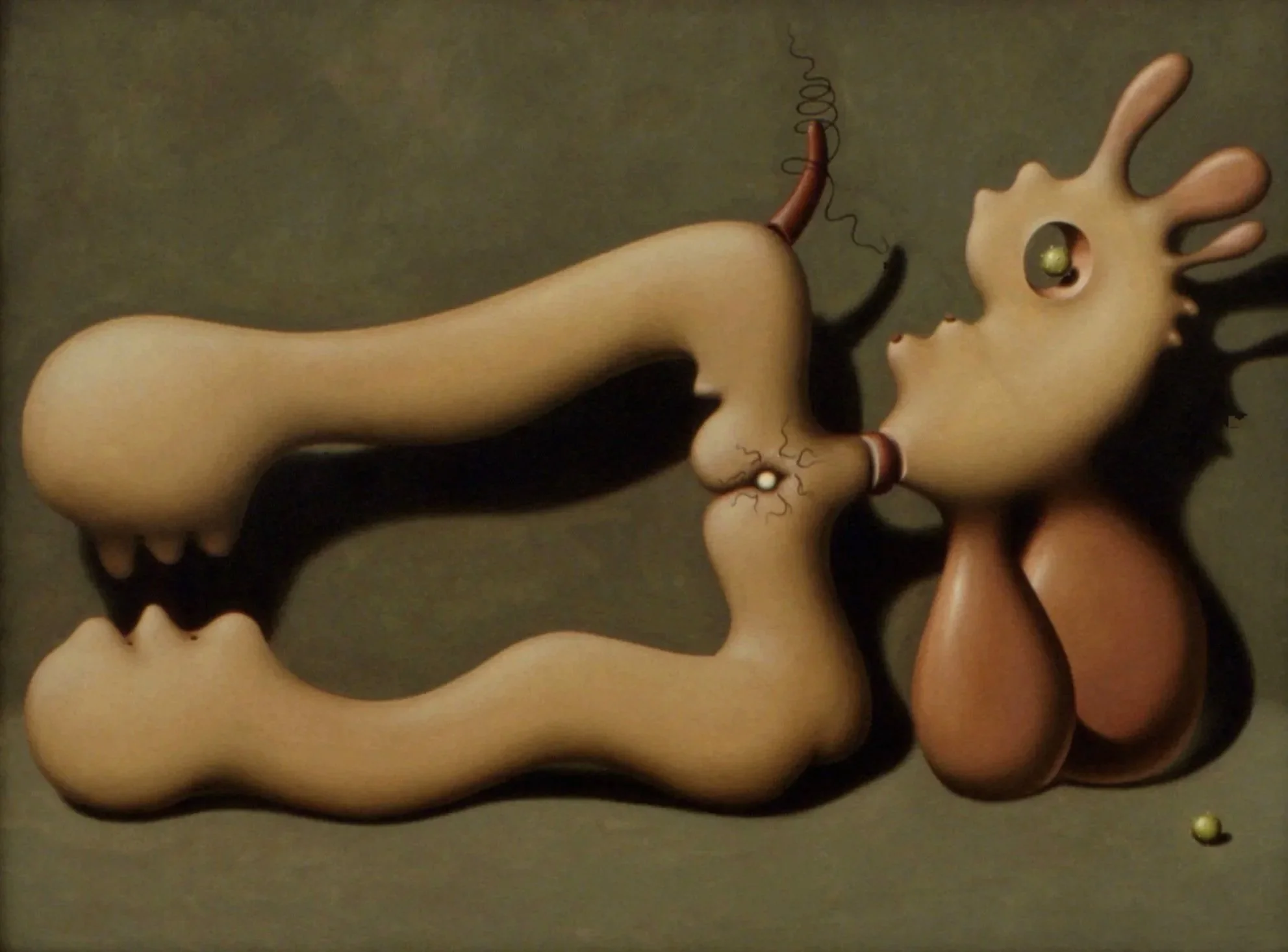 A surreal artwork featuring abstract humanoid and animal-like figures with elongated limbs and exaggerated features set against a plain background.