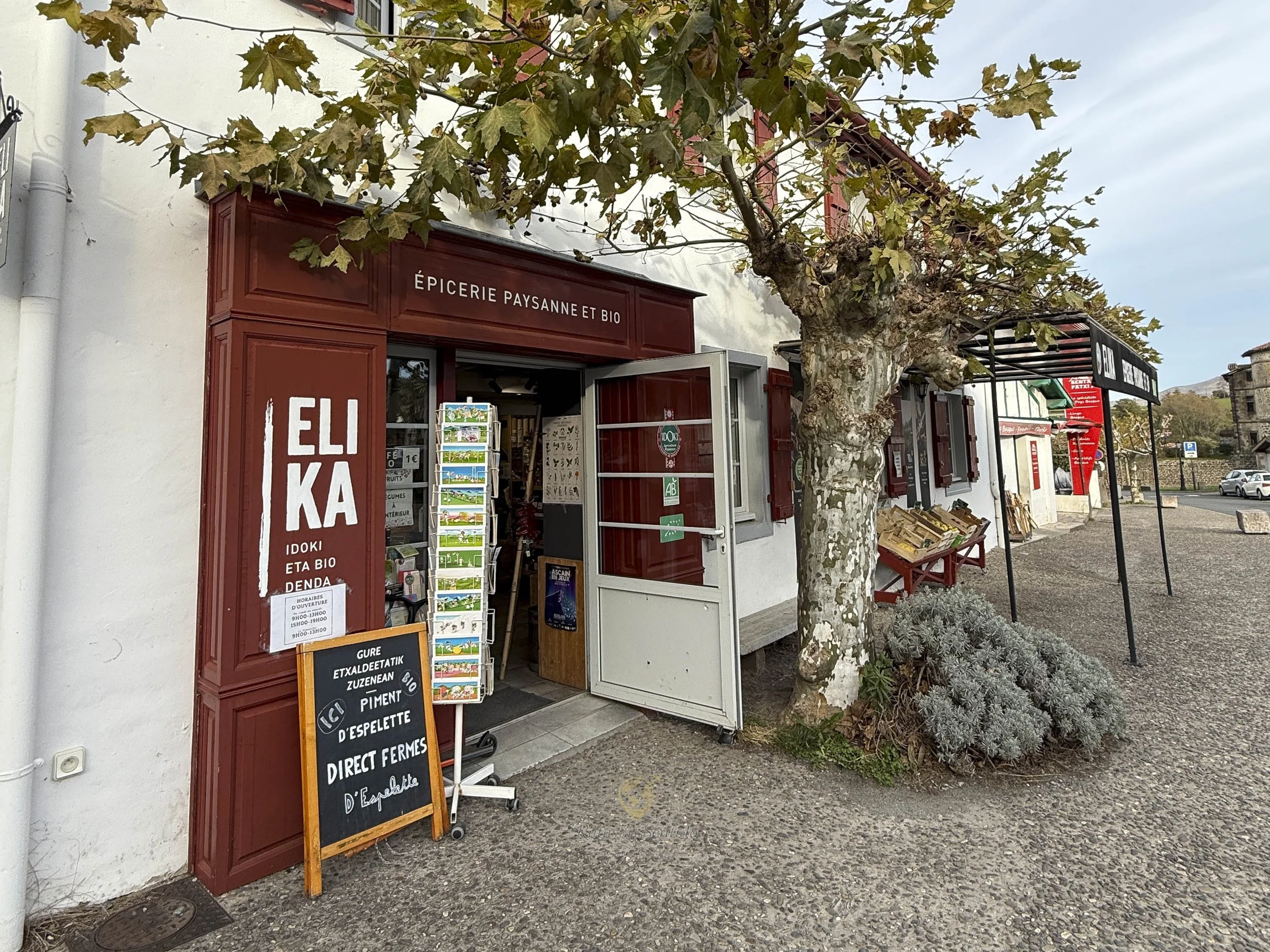 Tiendas de productos ecológicos y orgánicos con un árbol a la derecha, en un entorno urbano.