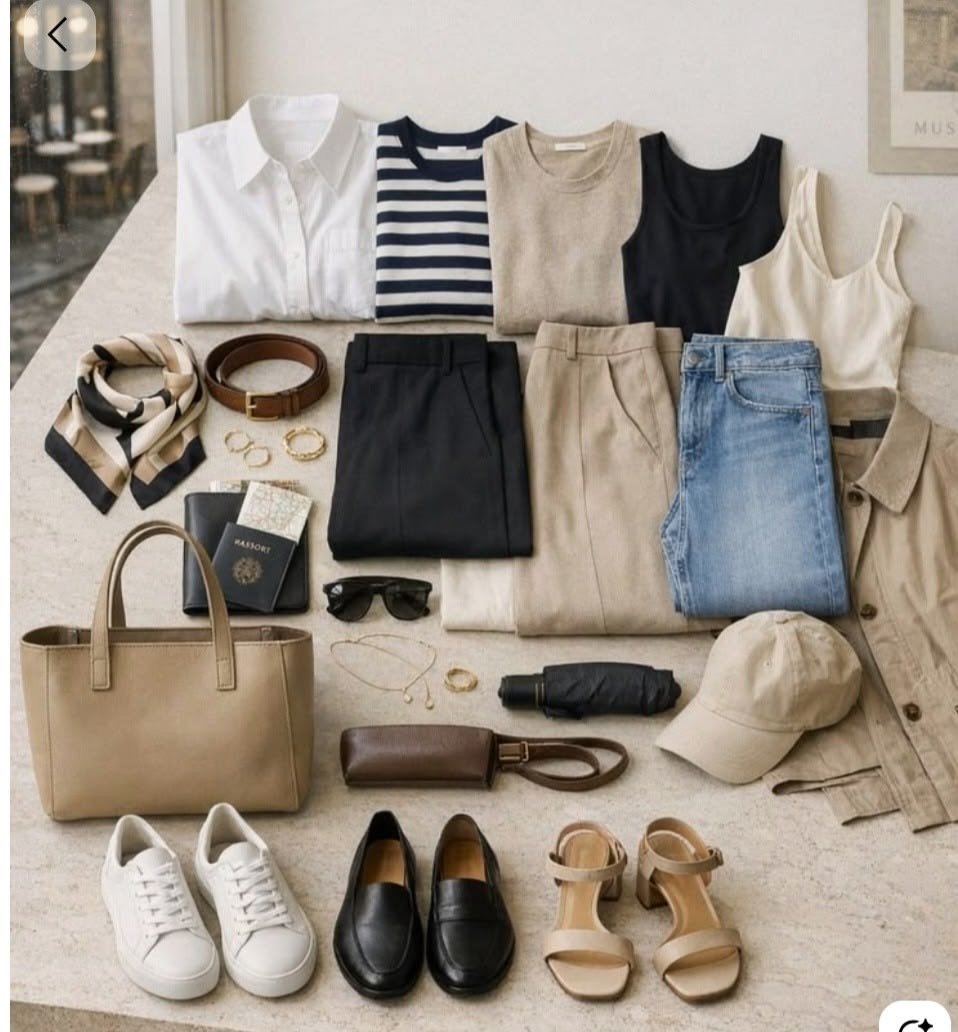 Ropa y accesorios dispuestos en una mesa, incluyendo camisetas, pantalones, zapatos, bolsas, gafas de sol y joyería en tonos neutros y colores básicos.