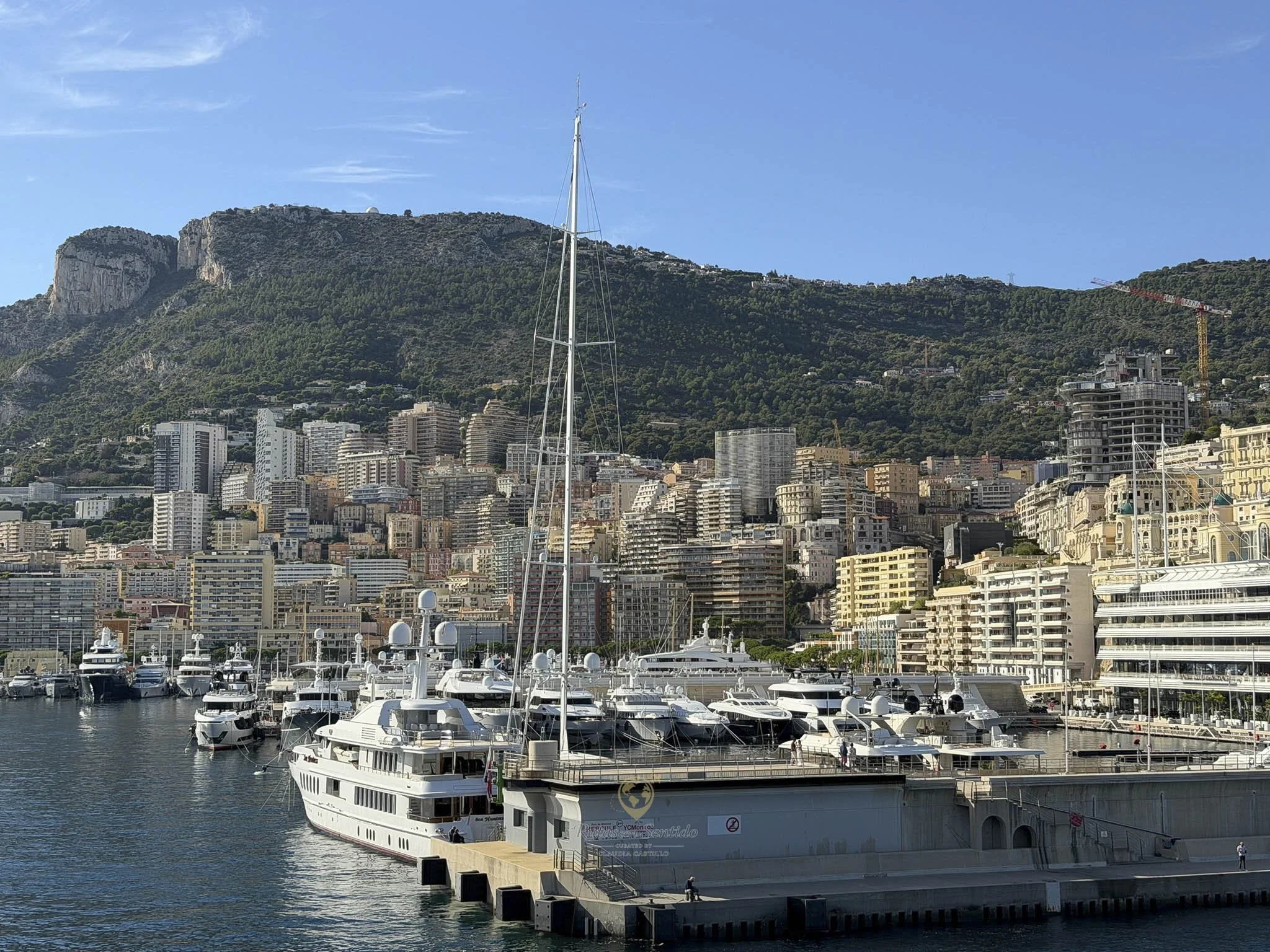Puerto de niza con yates y embarcaciones, ciudad en colina con edificios altos y montañas verdes al fondo, día soleado con cielo azul.
