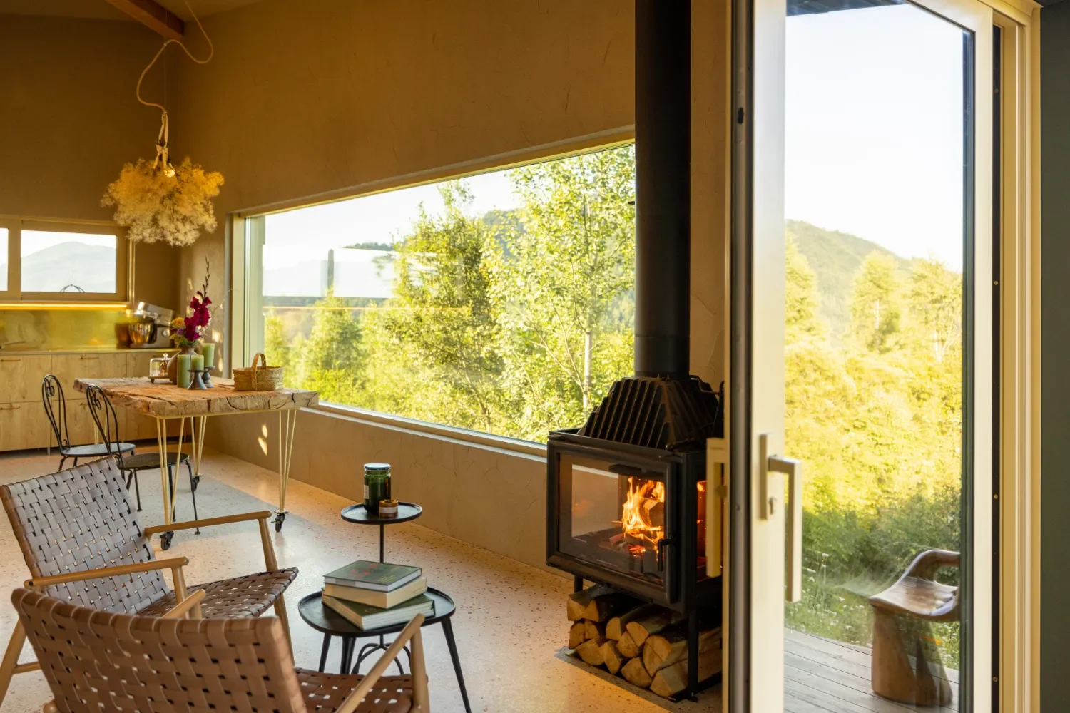Fireplace and large window