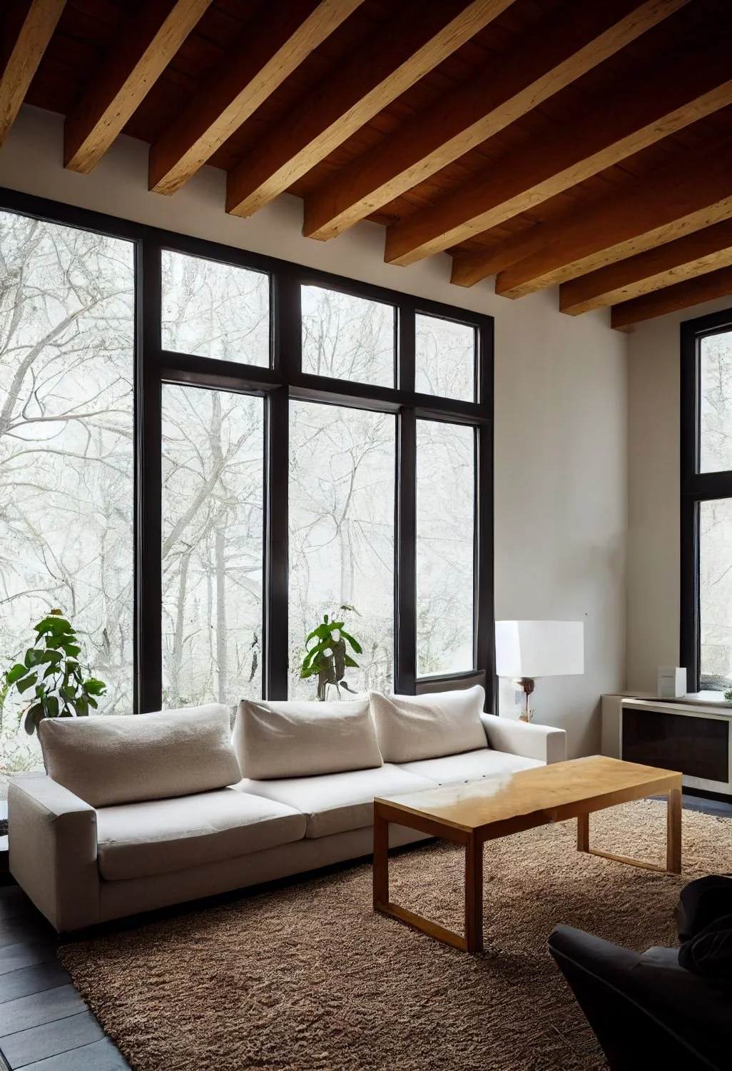 Living room with couch, coffee table, and floor-to-ceiling window