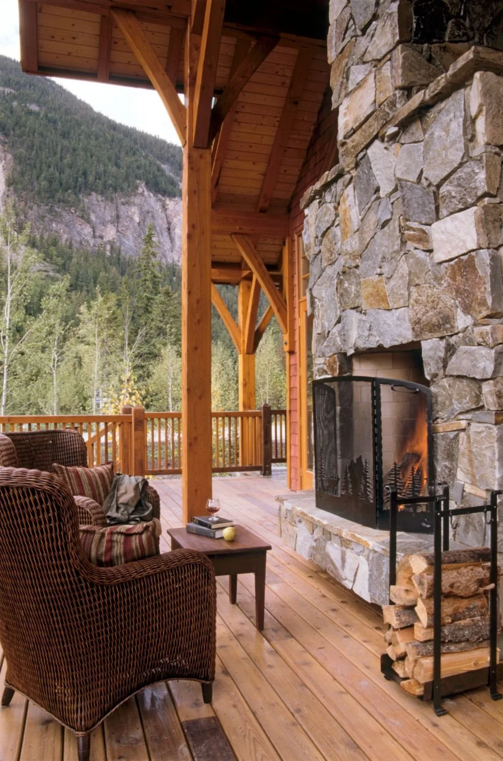 Deck with covered outdoor fireplace