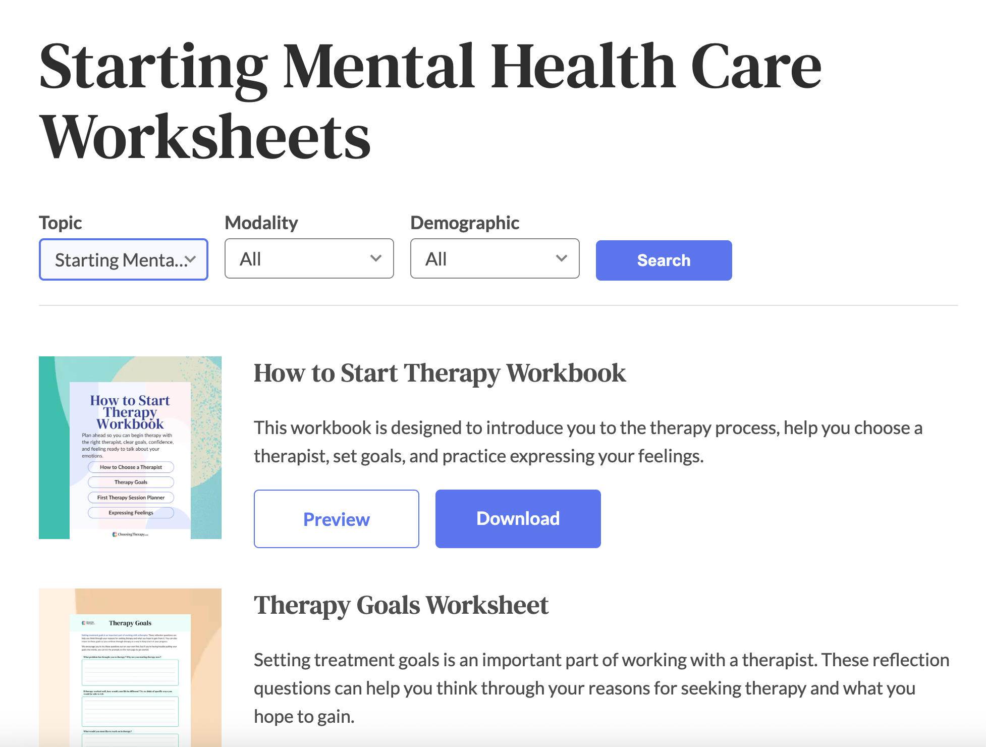 Starting Mental Health Care Worksheets