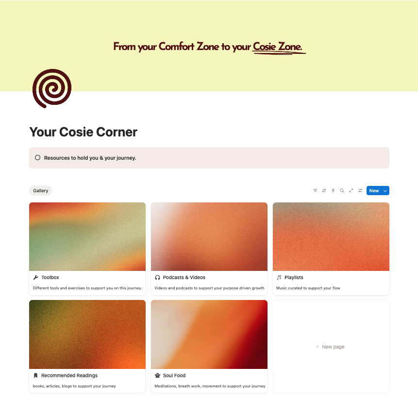Screenshot of a webpage titled "Your Cosie Corner" with sections for resources, gallery, blogs, podcasts, music playlists, and recommended readings, featuring a beige and white background with a spiral logo in the top left corner.