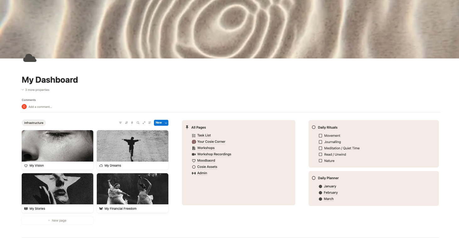 Screenshot of a webpage titled "Your Cosie Corner" with sections for resources, gallery, blogs, podcasts, music playlists, and recommended readings, featuring a beige and white background with a spiral logo in the top left corner.