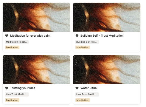 Screenshots of four meditation app prompts with titles: 'Meditation for everyday calm,' 'Building Self - Trust Meditation,' 'Trusting your Idea,' and 'Water Ritual,' each with a background of a blurred image of a person's hair.