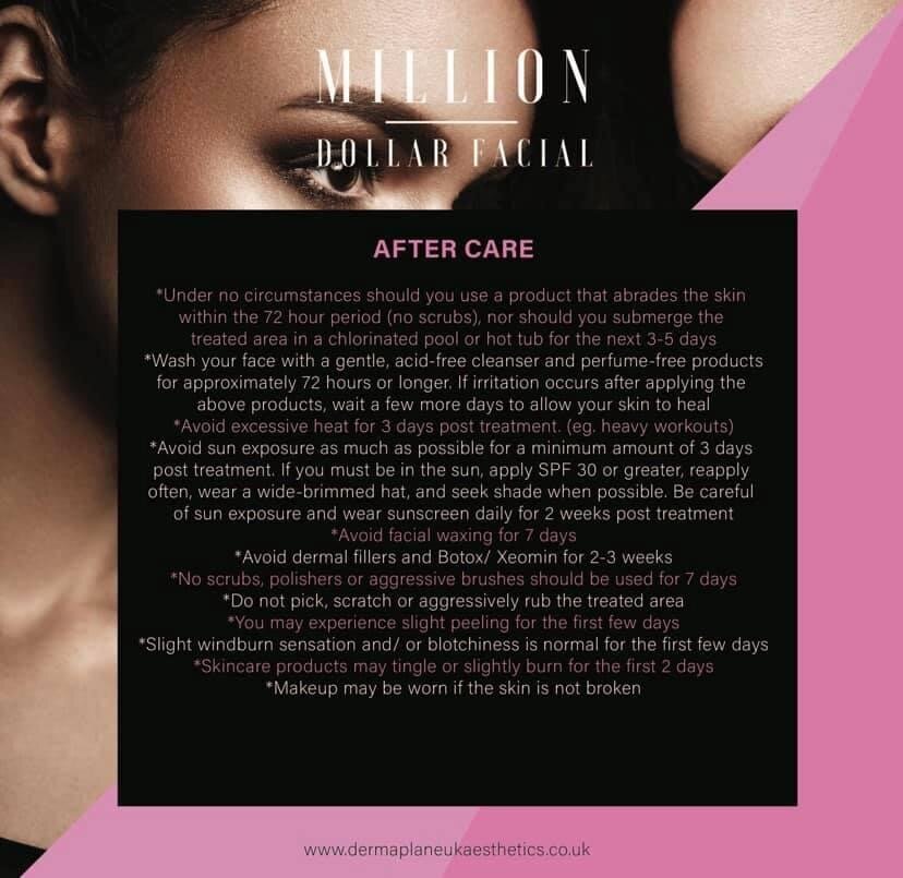 A skincare instructions poster titled 'Million Dollar Facial After Care', providing advice on post-treatment skin care, sun protection, and avoiding certain procedures, with a black and pink color scheme and part of a person's face visible in the background.