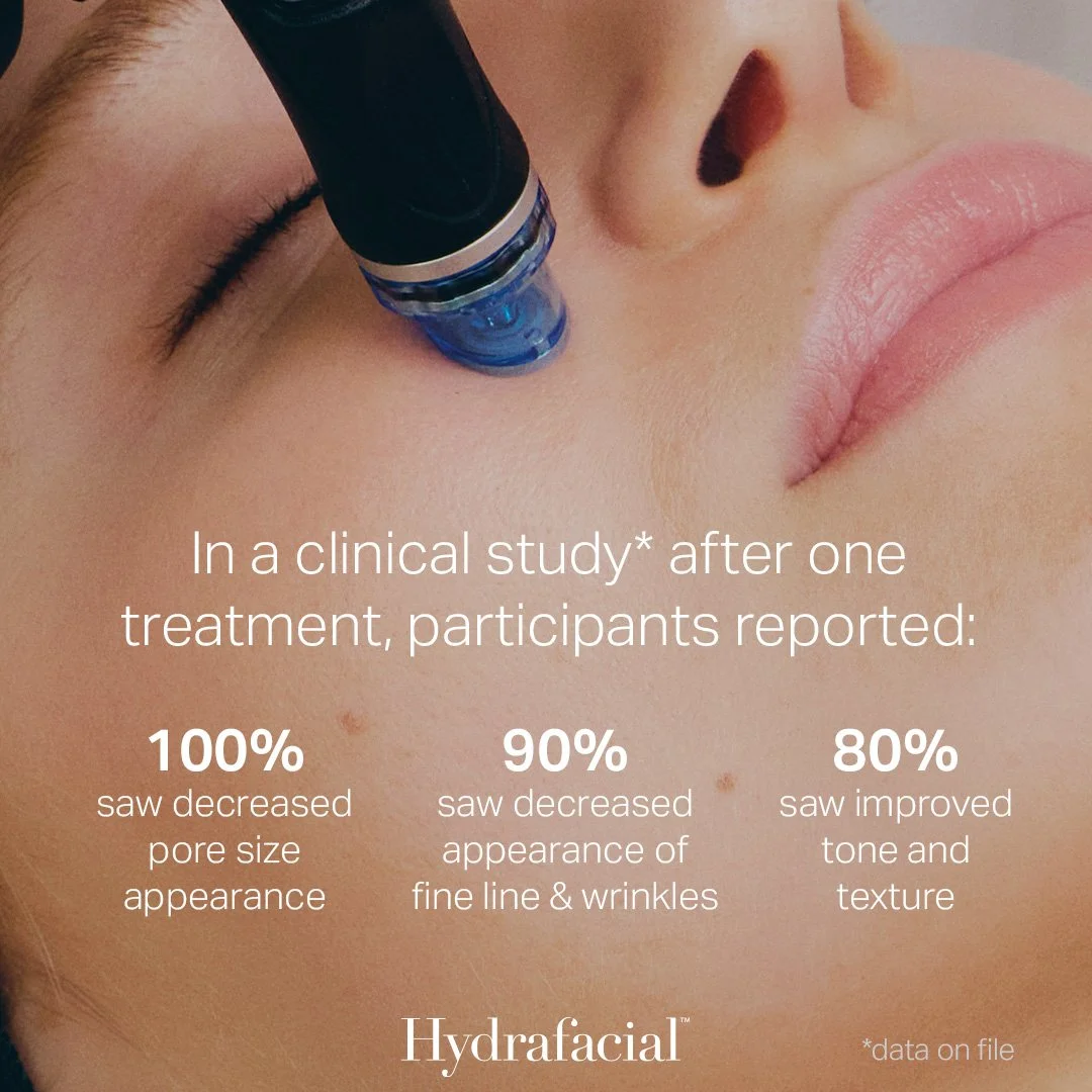 A person receiving a HydraFacial treatment on their face, with a device applying treatment near the nose. Overlaid text explains the results of a clinical study showing improvement in pore size, appearance of fine lines and wrinkles, and skin tone and texture after one treatment.