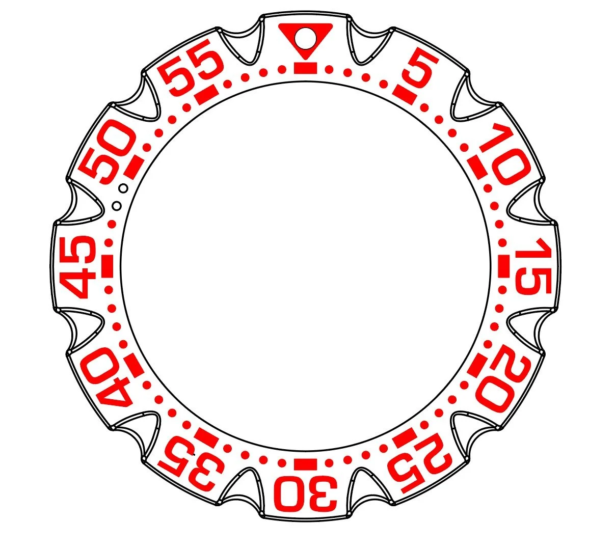 Image of a circular countdown timer with red numbers and markings, divided into 5-minute increments from 0 to 55.