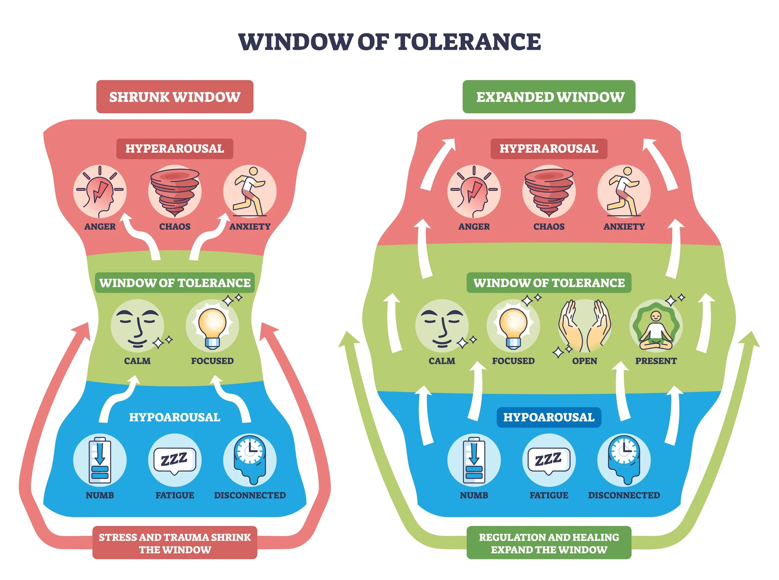 Window of tolerance, safety with emotions, hyperarousal hypoarousal