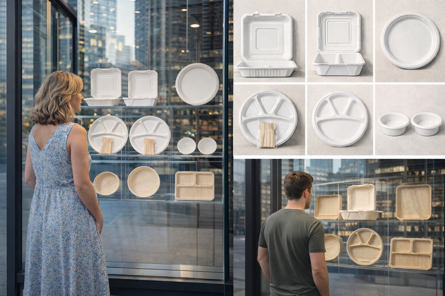 Two people observing empty eco-friendly disposable plates, bowls, and compartments on display in a modern building with a cityscape view.