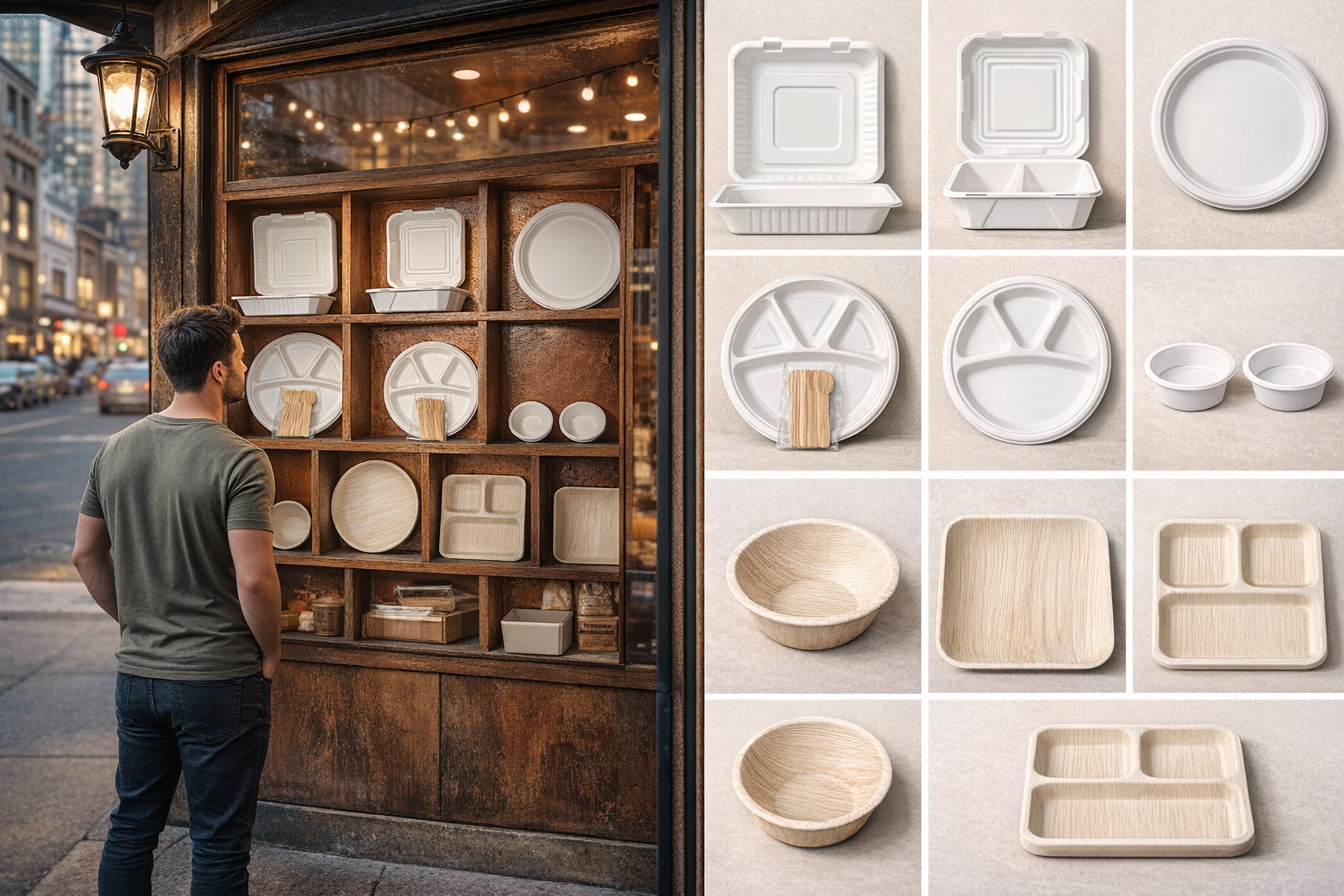 Man looking at wooden and disposable dishware outside a store on a city street. The paper dishes include divided trays, bowls, and plates, while the wooden options are bowls, square plates, and divided trays.